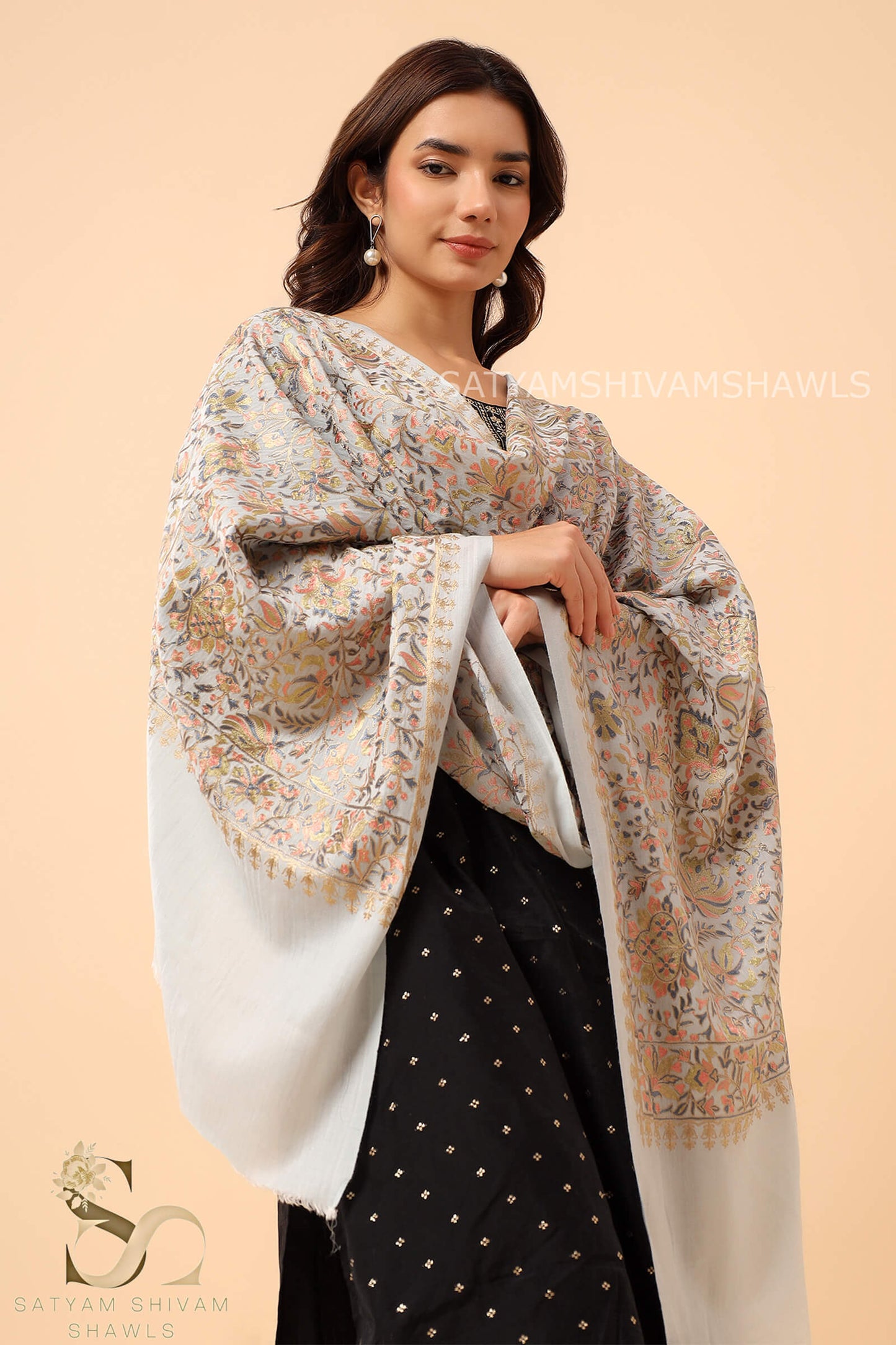 PASHMINA FINE WOOL NALKI EMBROIDERY WEAVE STOLE,WARM & SOFT,SILVERISHBLUE