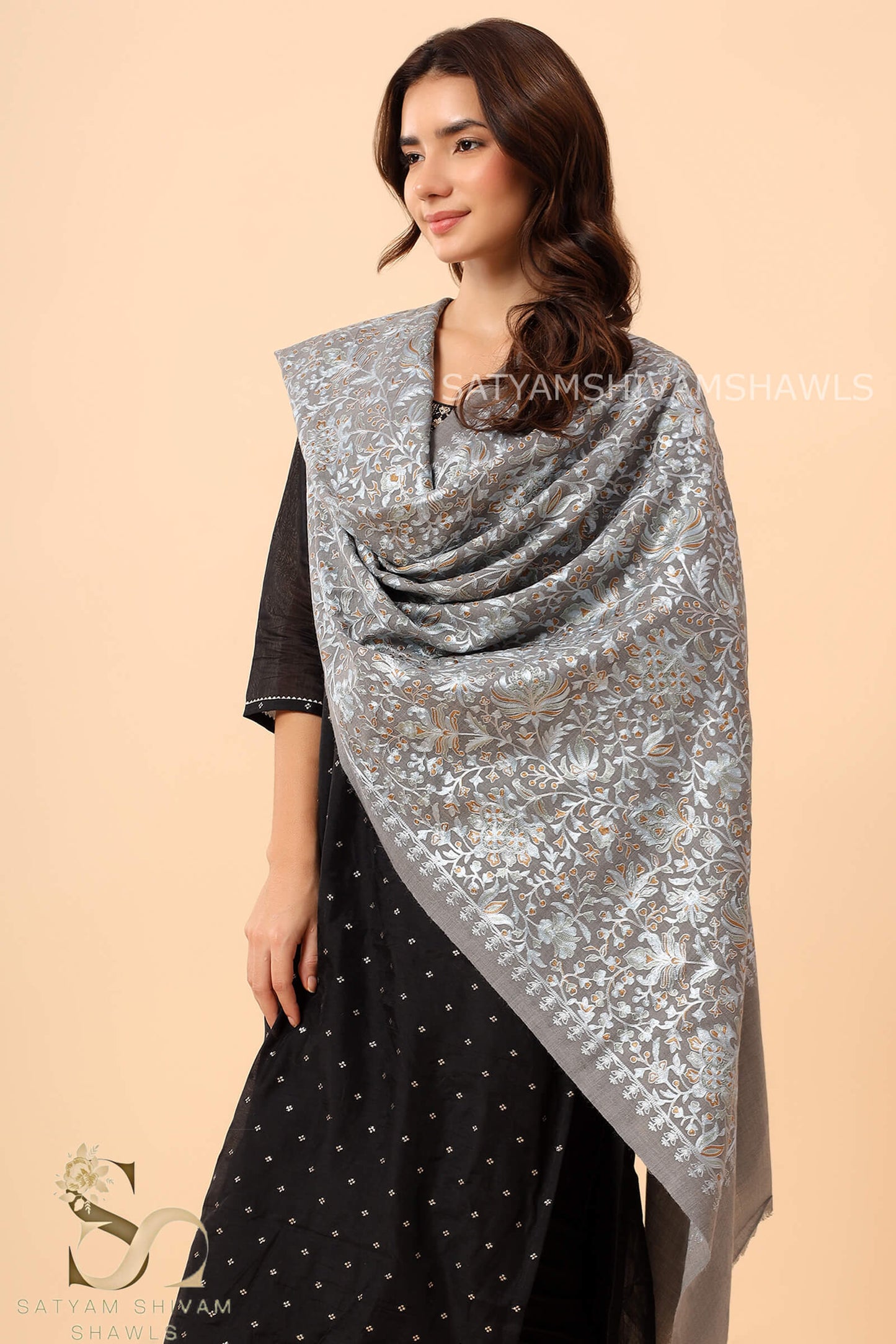 TURKISH PAISLEY PASHMINA FINE WOOL NALKI EMBROIDERY WEAVE STOLE,,WARM & SOFT,DARK GREY