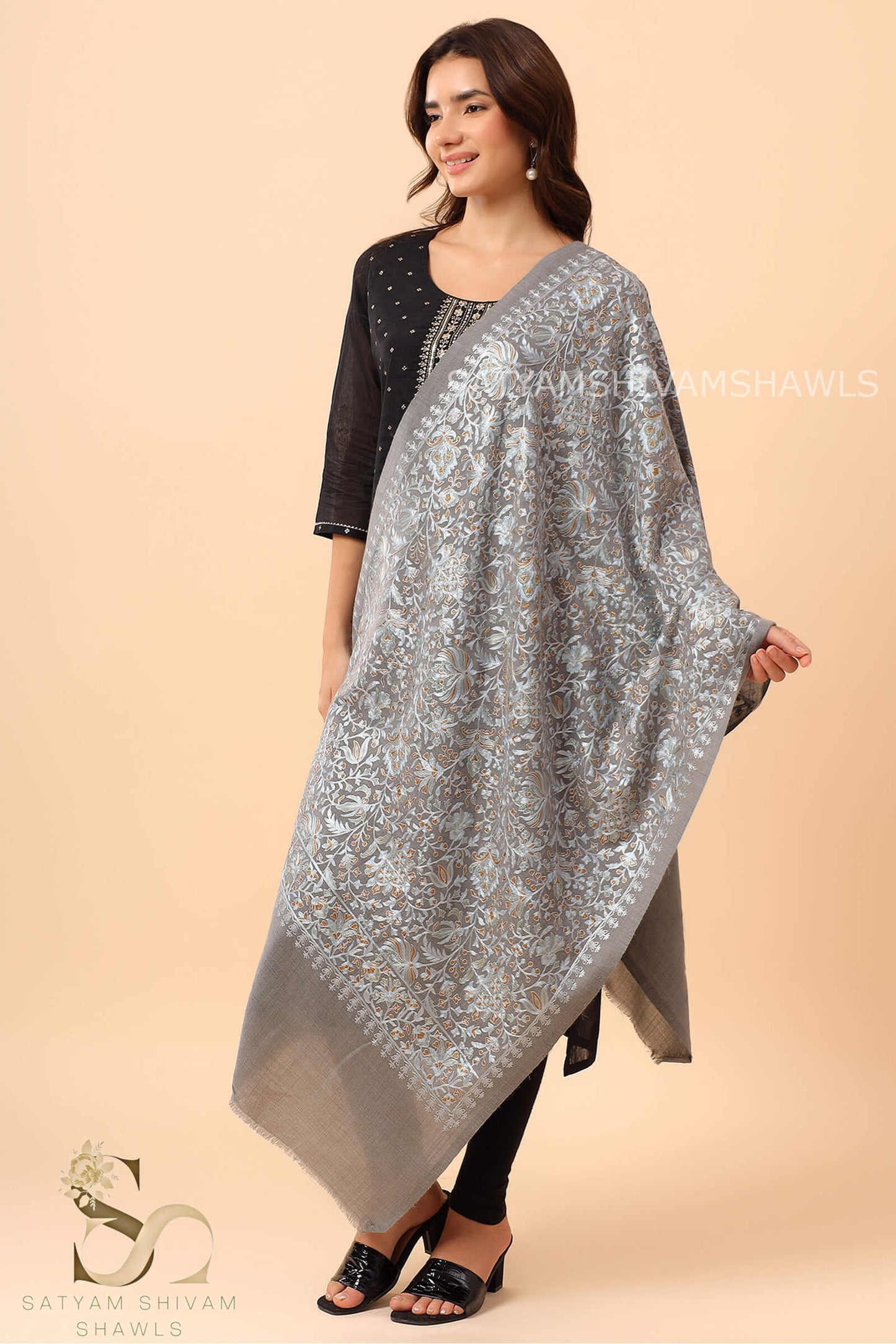 TURKISH PAISLEY PASHMINA FINE WOOL NALKI EMBROIDERY WEAVE STOLE,,WARM & SOFT,DARK GREY