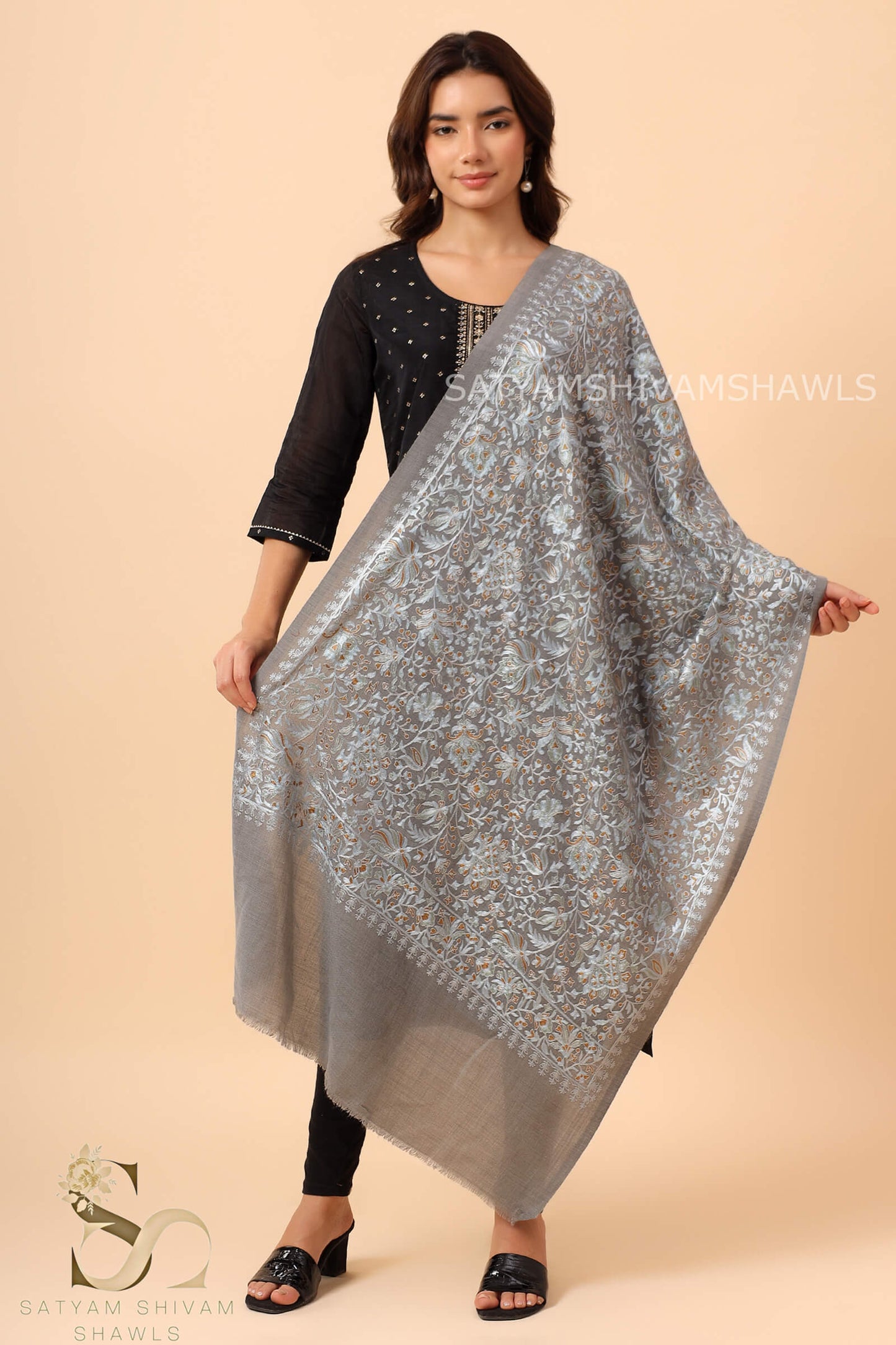 TURKISH PAISLEY PASHMINA FINE WOOL NALKI EMBROIDERY WEAVE STOLE,,WARM & SOFT,DARK GREY