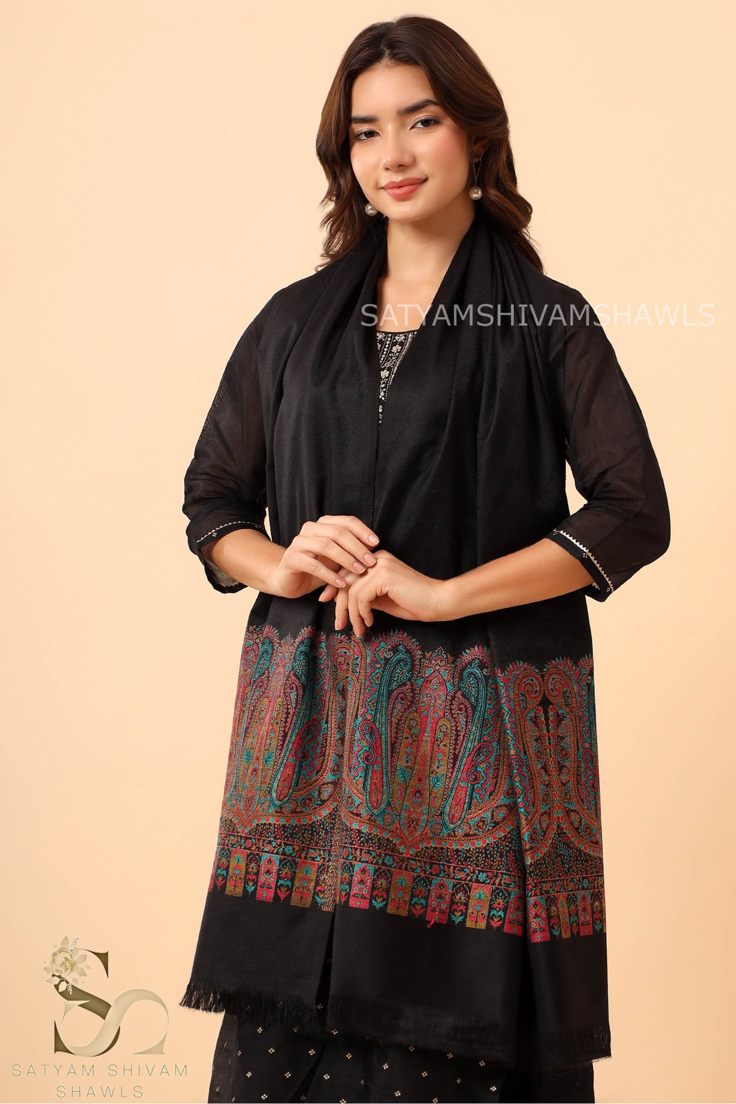 ANAQAT VINTAGE PAISLEY PALLA KANI WOMENS STOLE, BLACK