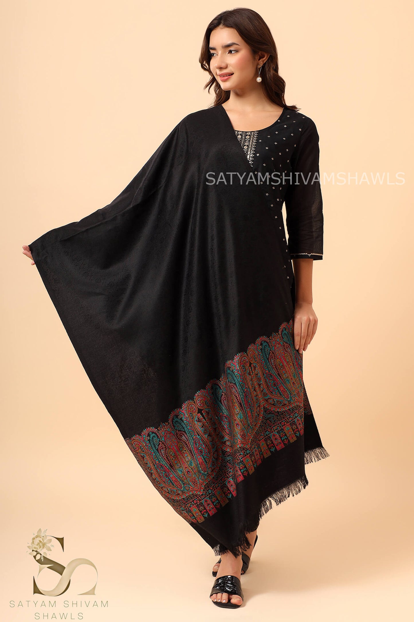 ANAQAT VINTAGE PAISLEY PALLA KANI WOMENS STOLE, BLACK