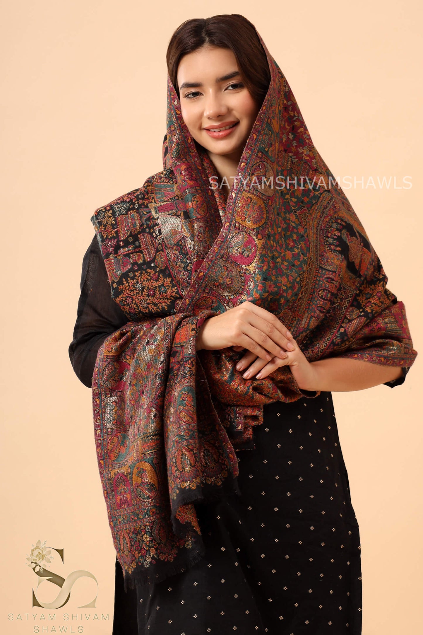 "SHAAN -E-DARBAR" THEME KANI PASHMINA BLEND WOOL STOLE BLACK