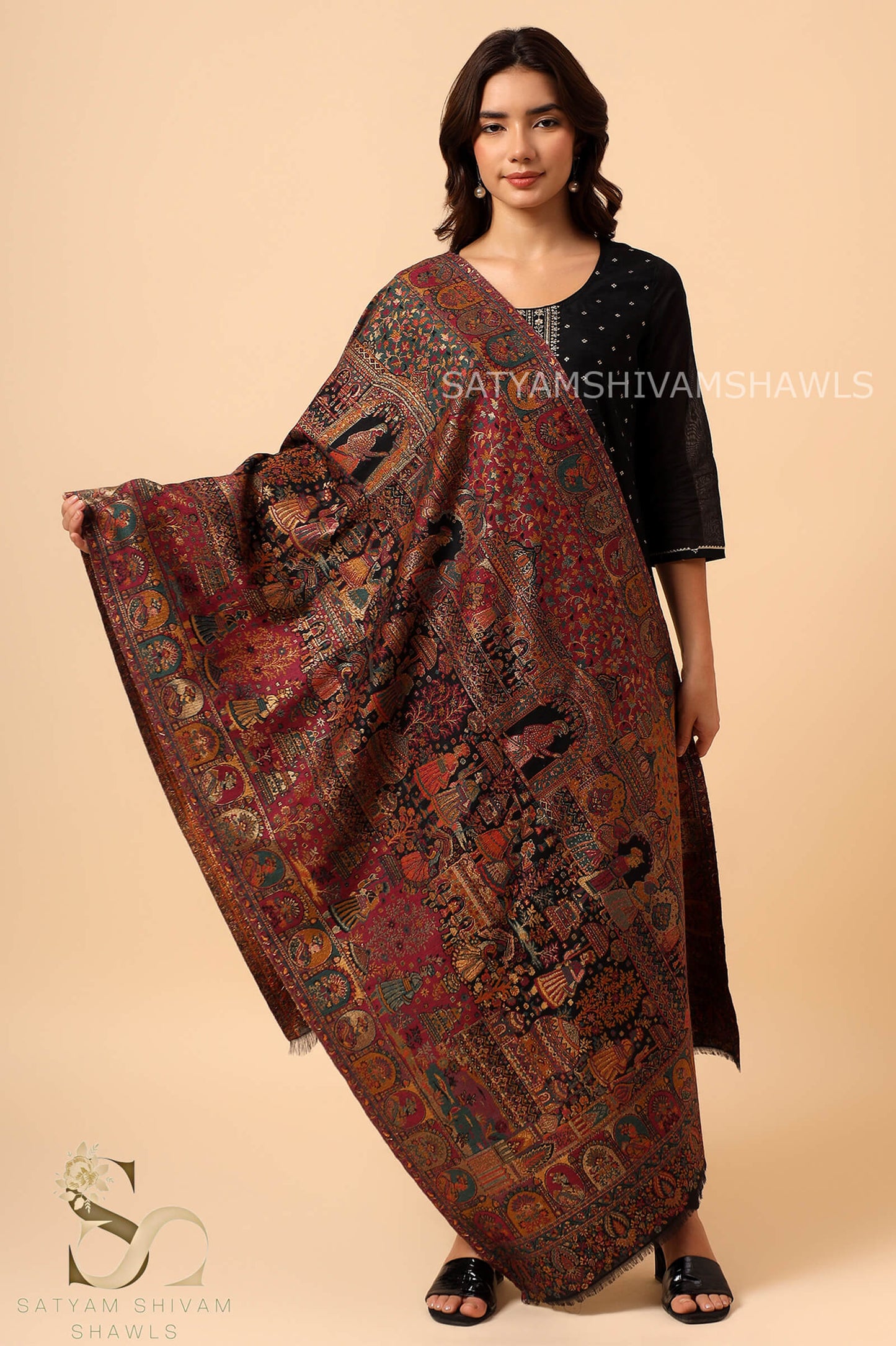 "SHAAN -E-DARBAR" THEME KANI PASHMINA BLEND WOOL STOLE BLACK