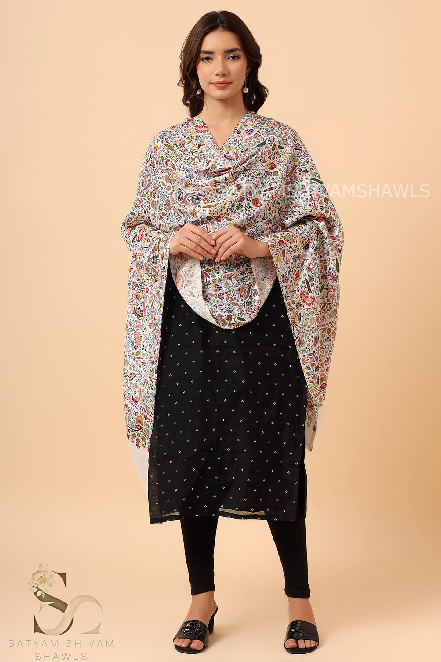 PAISLEY KALAMKARI LEAF DESIGN WOMENS SOFT SILK WOOL PRINT STOLES,WHITE