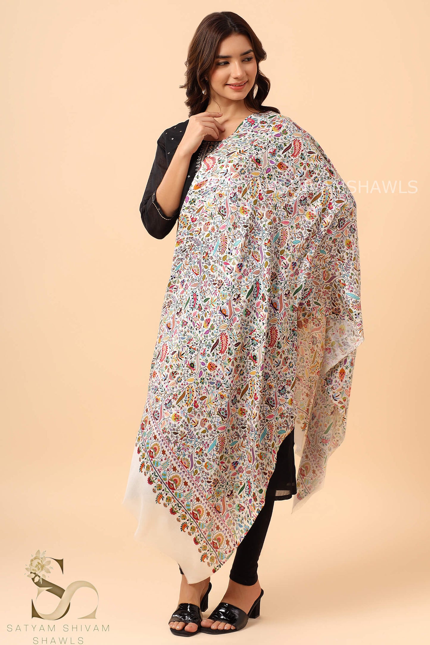 PAISLEY KALAMKARI LEAF DESIGN WOMENS SOFT SILK WOOL PRINT STOLES,WHITE