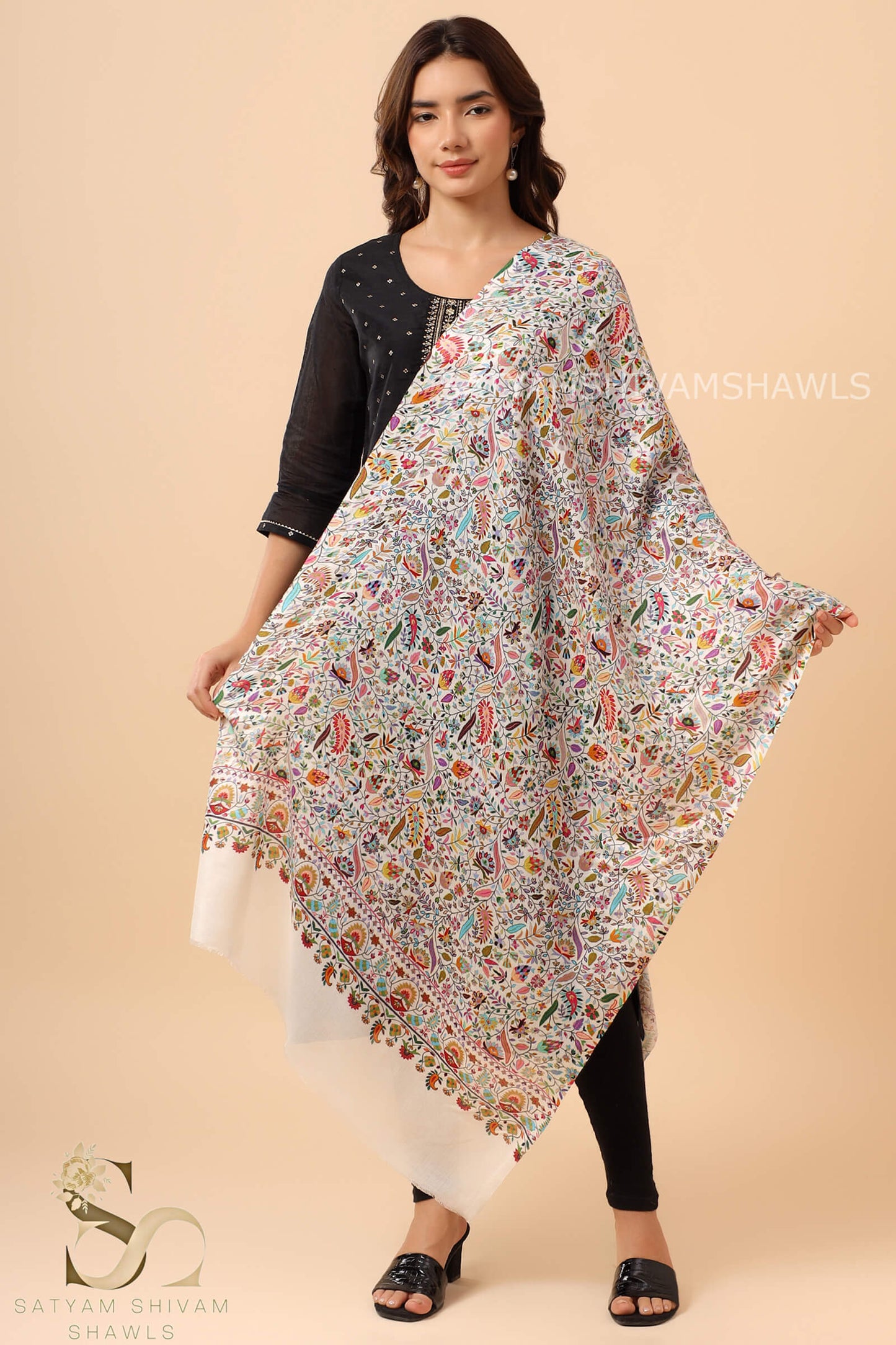 PAISLEY KALAMKARI LEAF DESIGN WOMENS SOFT SILK WOOL PRINT STOLES,WHITE