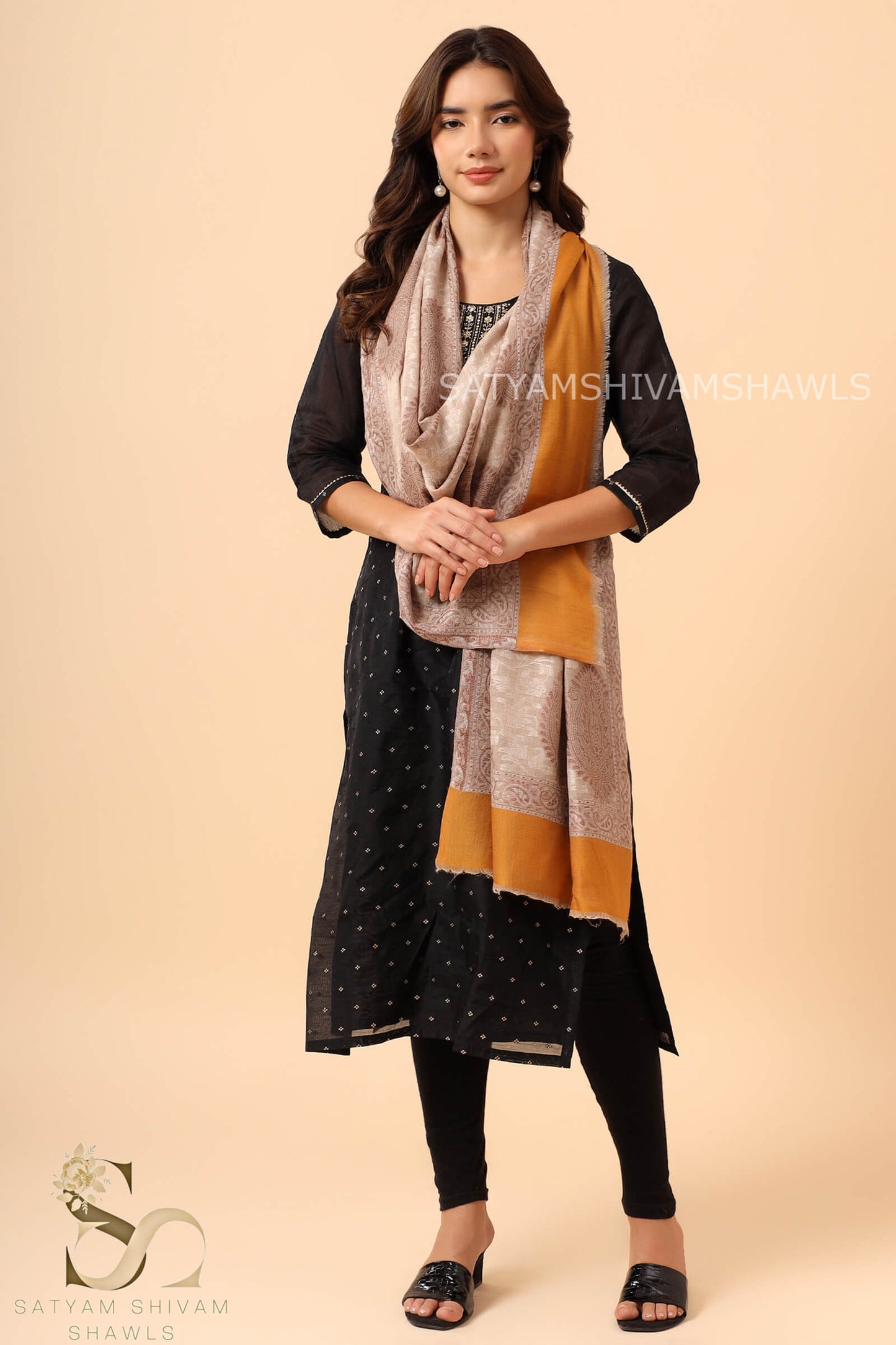 ARABIC BUTI SELF PASHMINA EXTRA FINE WOOL KANI STOLE,SKIN