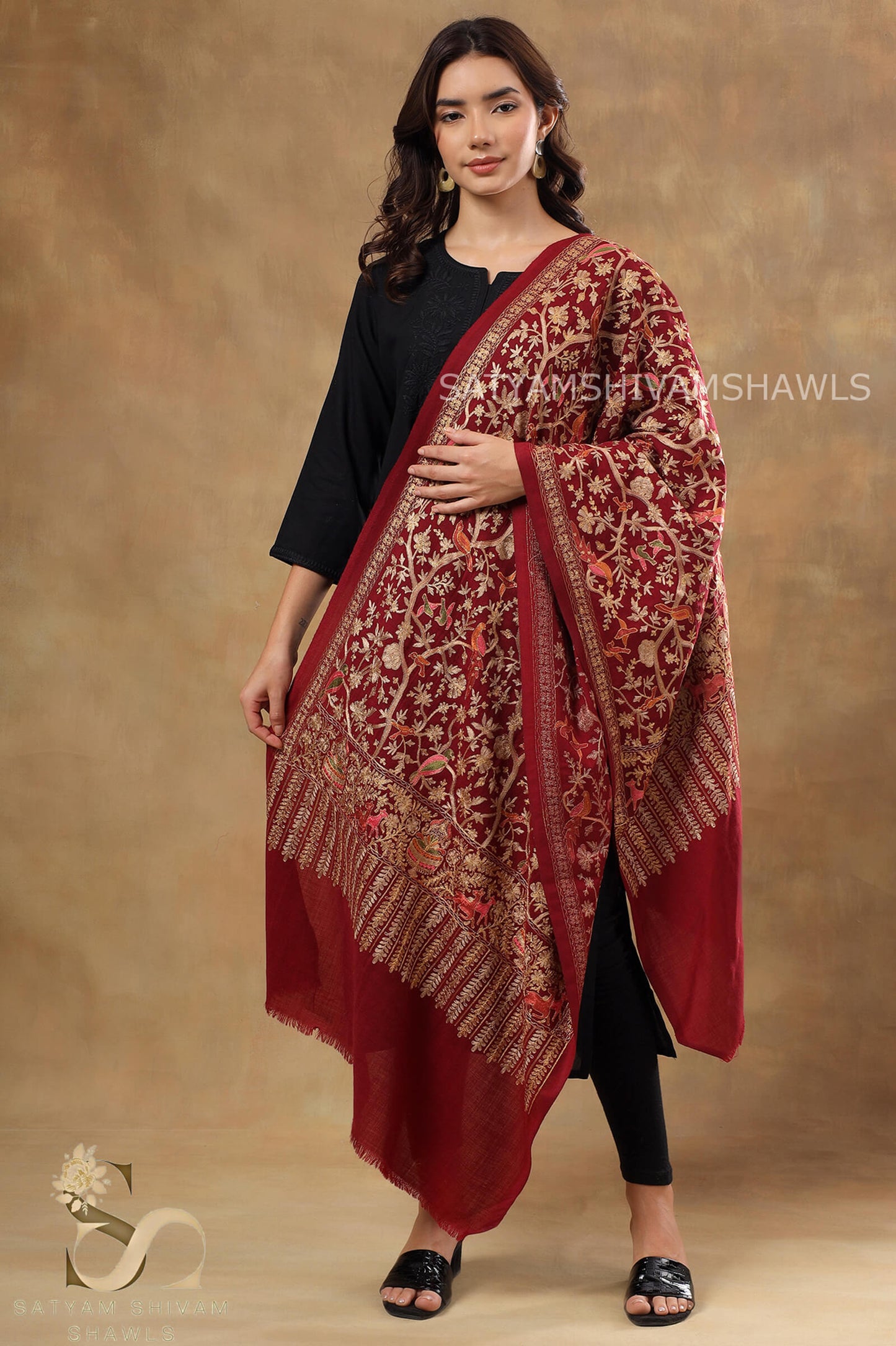 BIRDS OF HEAVEN ARABIC DESIGN NALKI ZARI EMBROIDERY STOLE,MEHROON