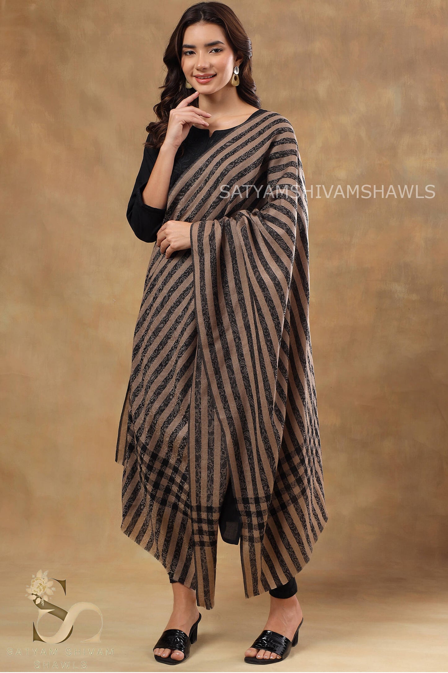 SMOKEY SELF CHECK STRIPS LUXURY PASHMINA STOLE, BLACK TOOSH