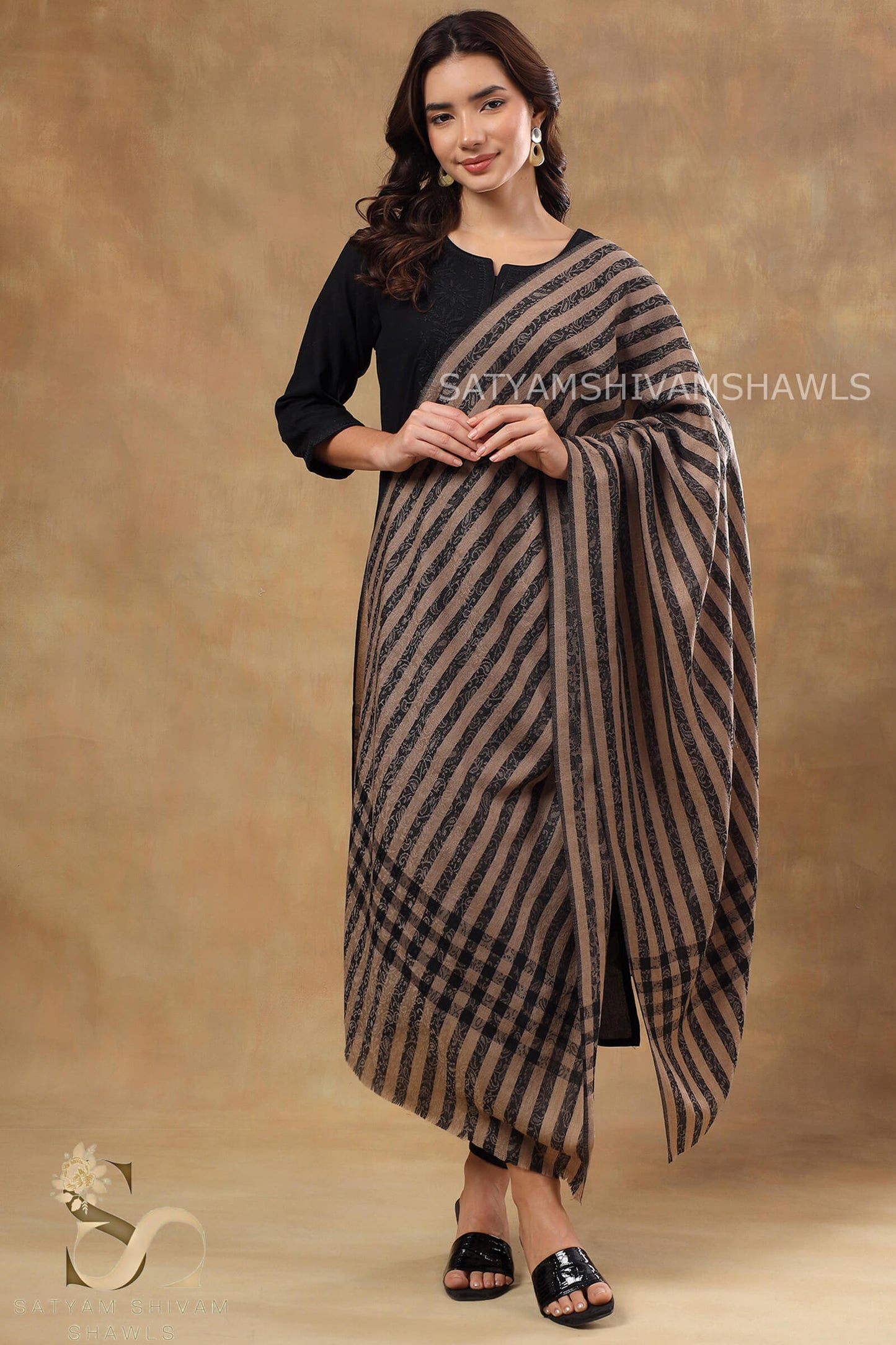 SMOKEY SELF CHECK STRIPS LUXURY PASHMINA STOLE, BLACK TOOSH