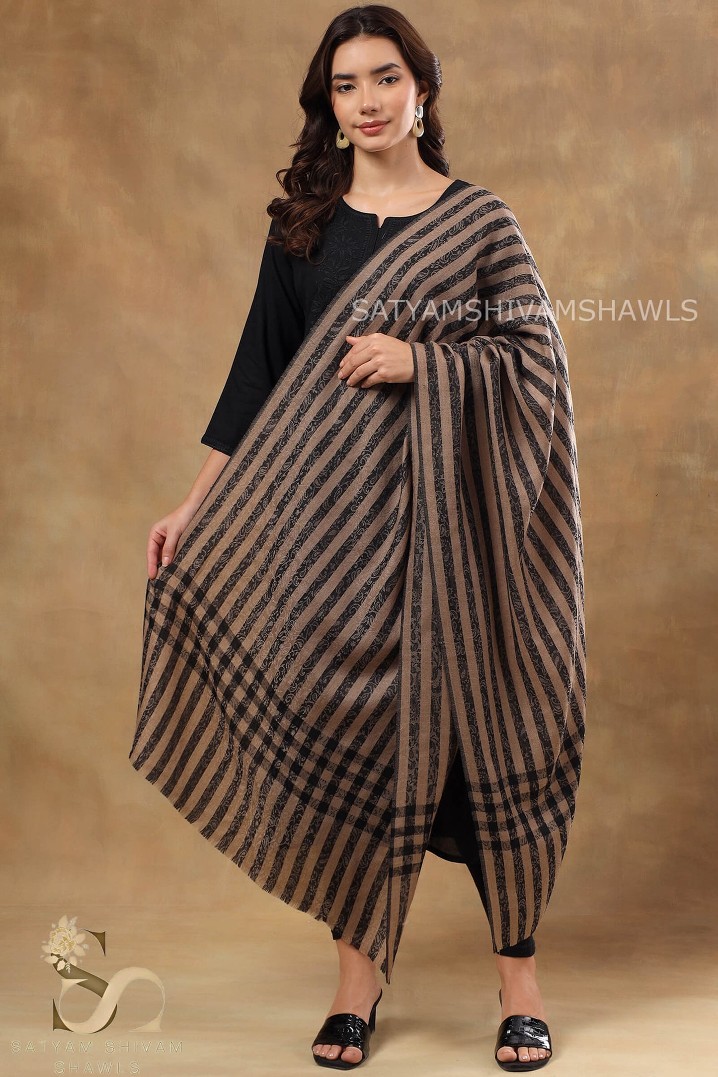 SMOKEY SELF CHECK STRIPS LUXURY PASHMINA STOLE, BLACK TOOSH