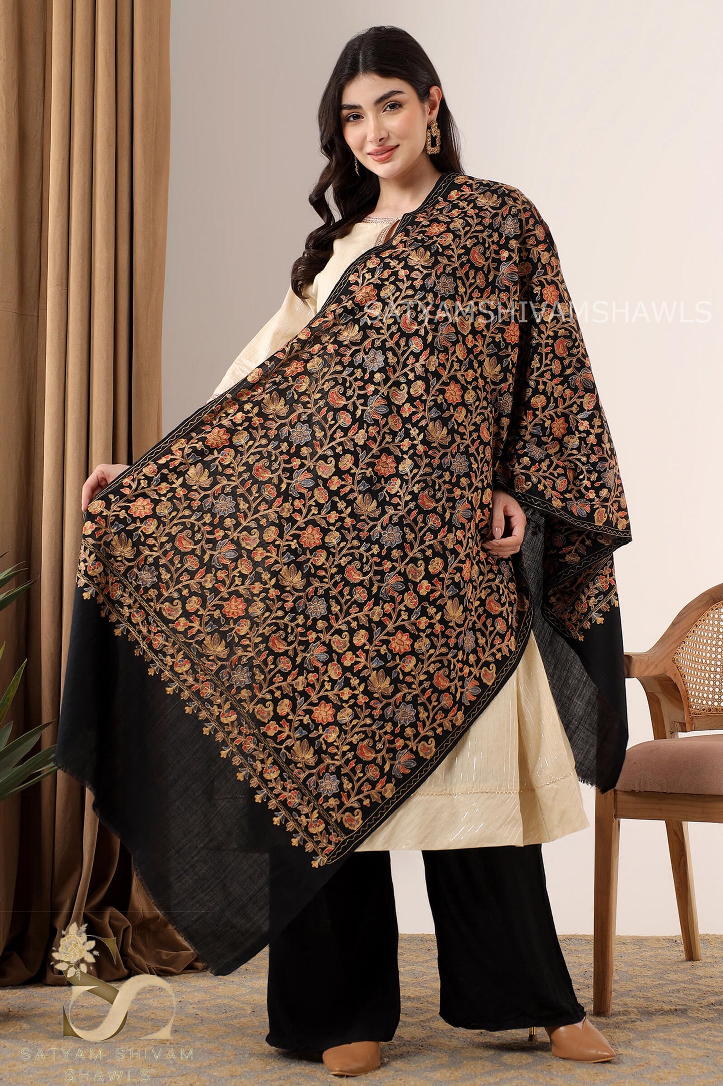 CHINAR LEAF PASHMINA FINE WOOL NALKI EMBROIDERY WEAVE STOLE,WARM & SOFT,BLACK