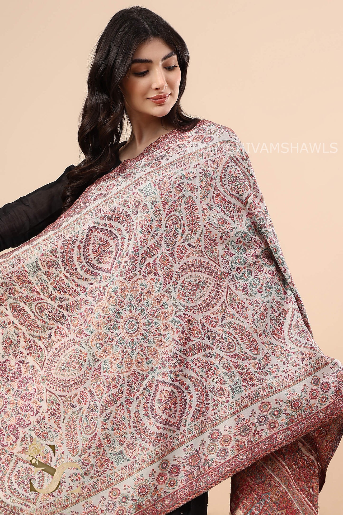 PAISLEY CHAKRA ZARI KANI PASHMINA BLEND WOOL WOMENS STOLE,WHITE