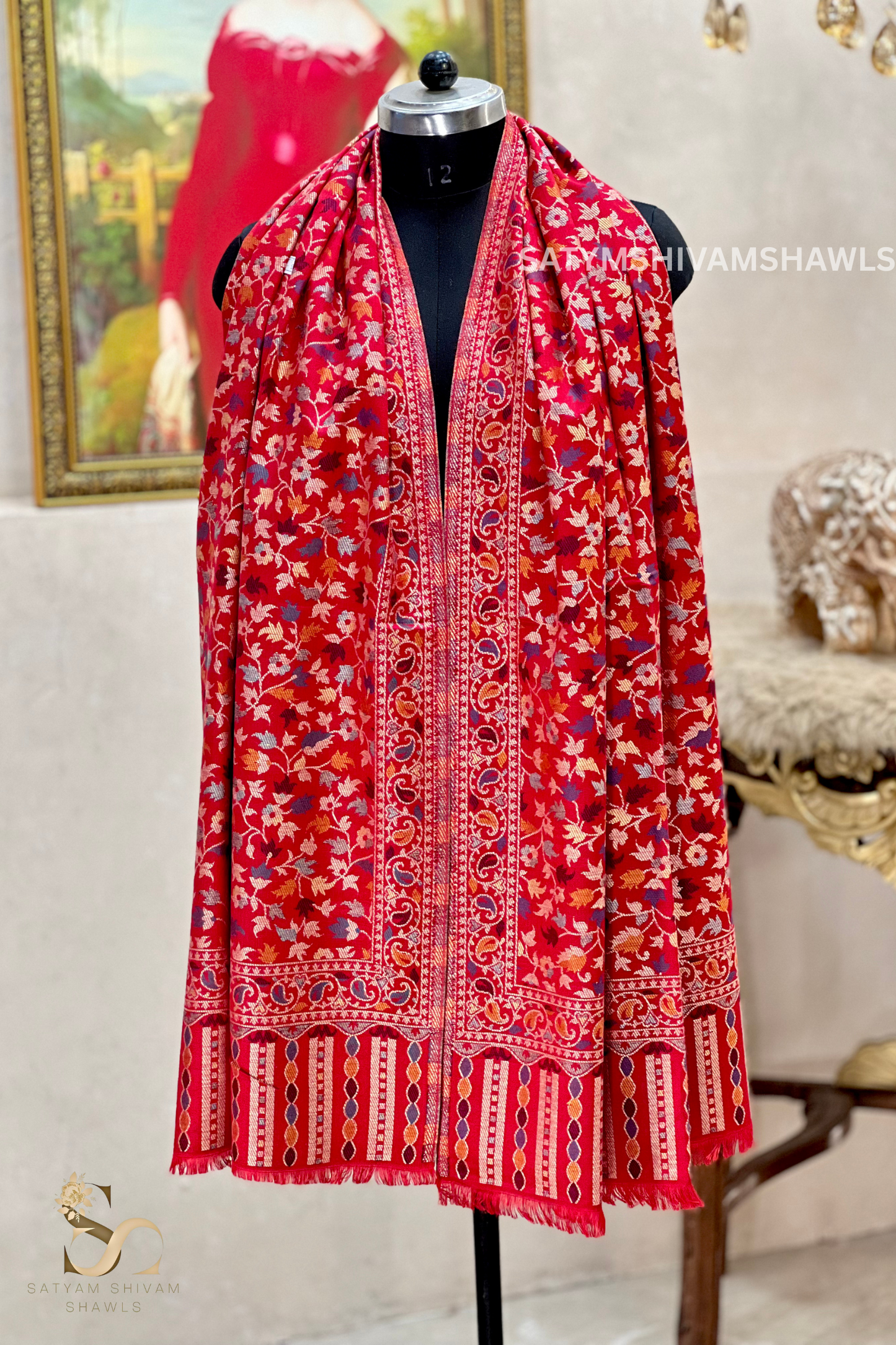 noor-e-kani multi pure wool stole,red