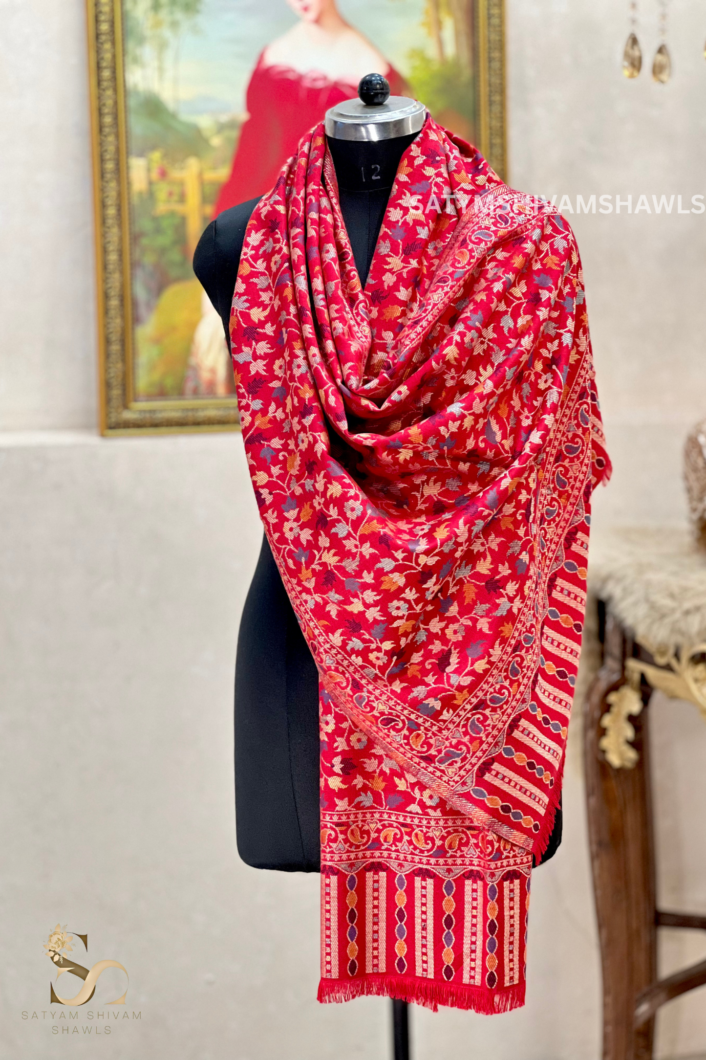 noor-e-kani multi pure wool stole,red
