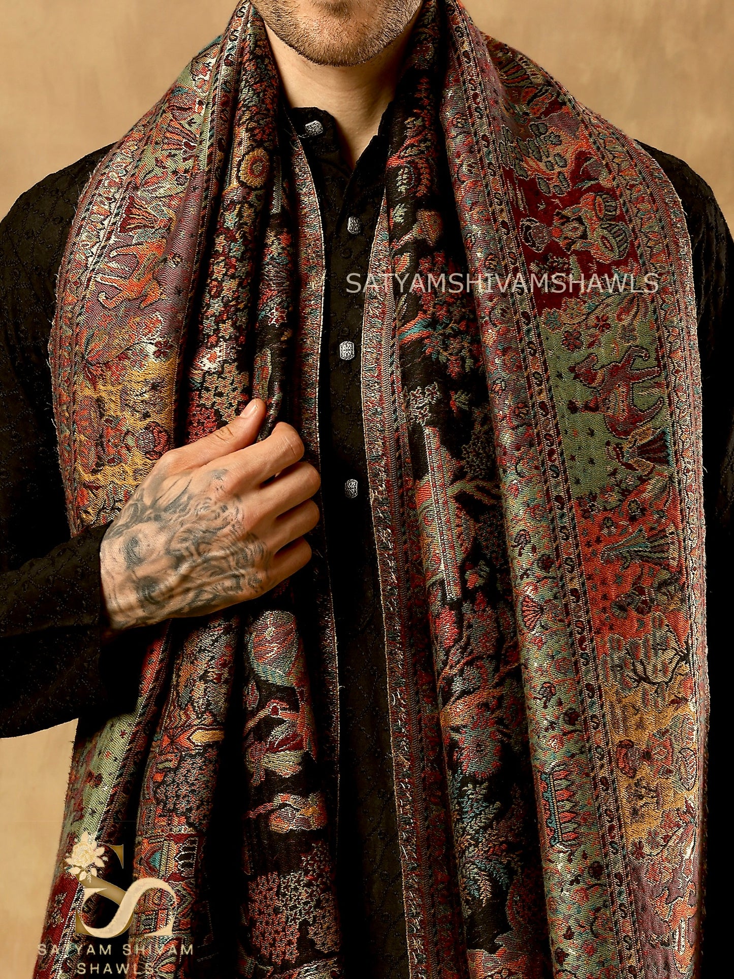 MOONLIGHT REVERSIBLE FINE WOOL PASHMINA MENS SHAWL,