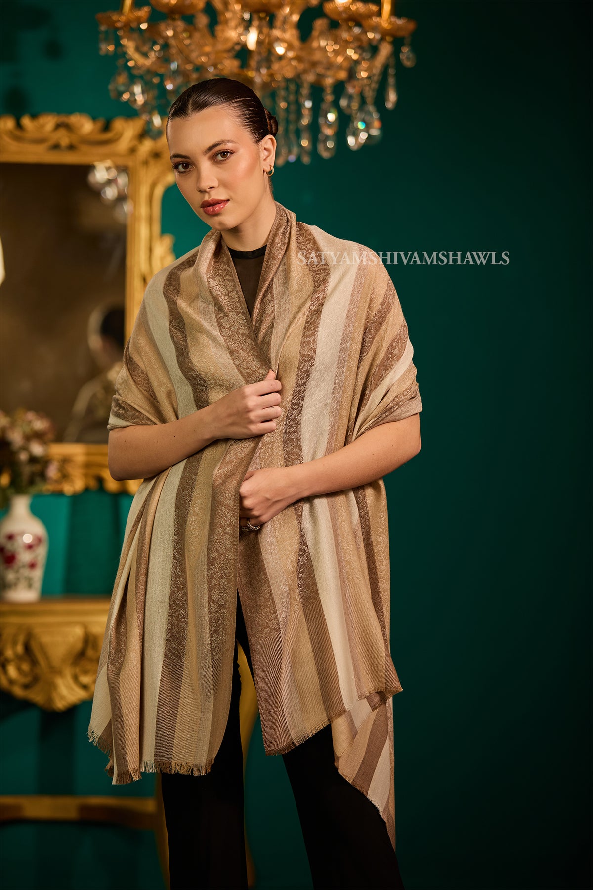PURE WOOL REVERSIBLE SELF STRIPS DESIGN SHAWL