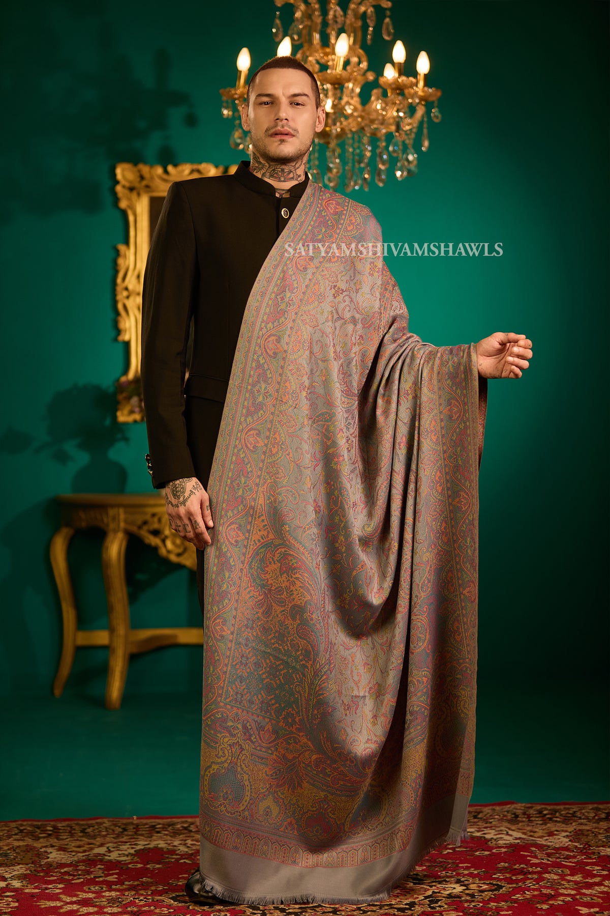 VINTAGE ROYAL JAMAWAR PAISLEY KANI DESIGN MENS SHAWL,