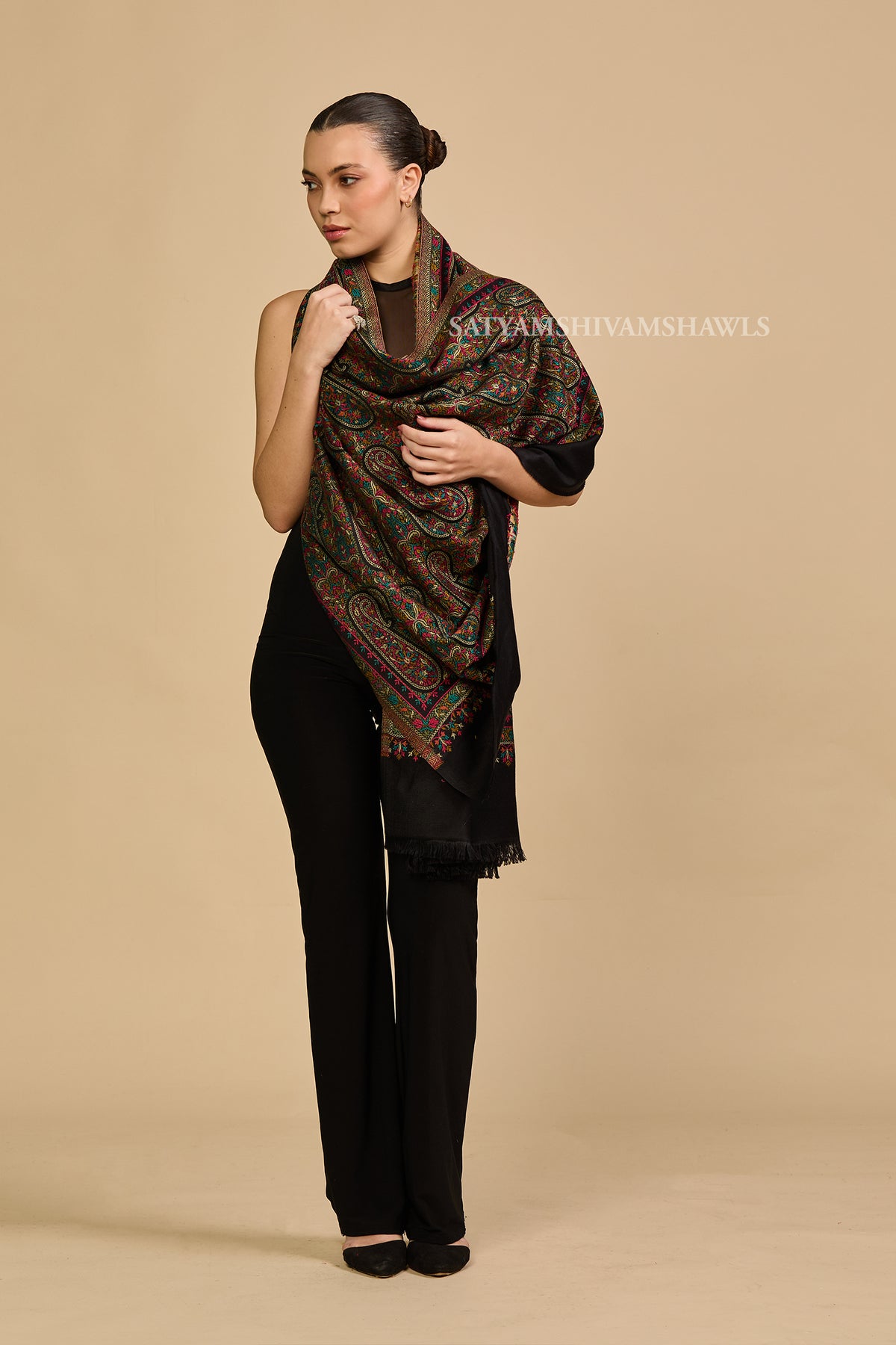 Black paisley and kashimiri kani women shawl