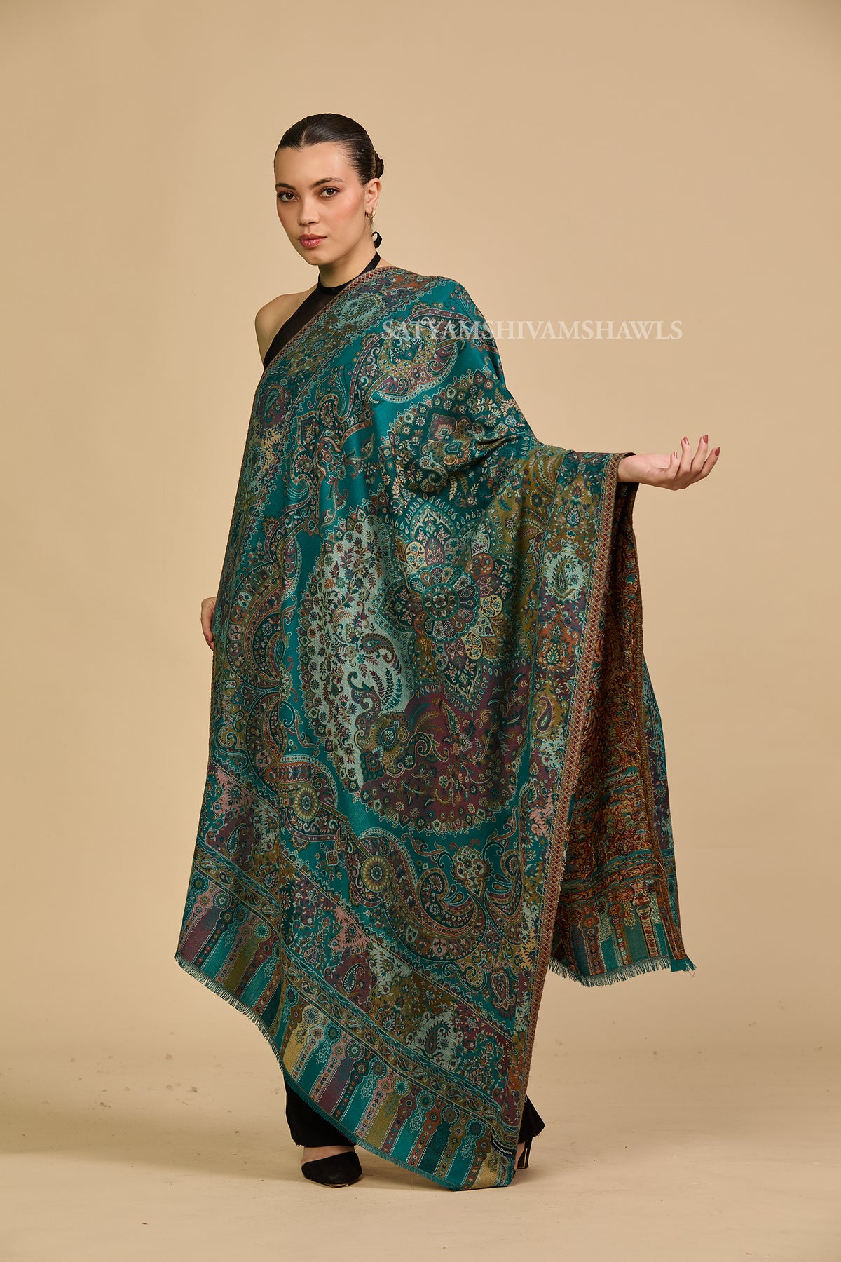 Turquoise kashmiri paisley women shawl