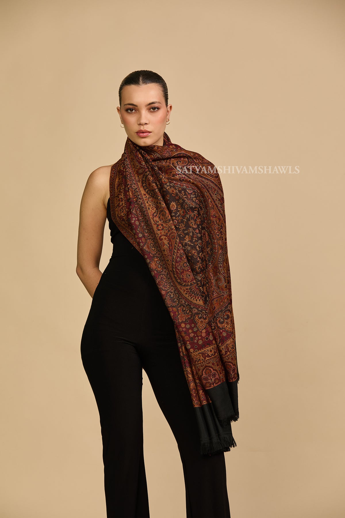 midnight black jamawar kashmiri kani design shawl