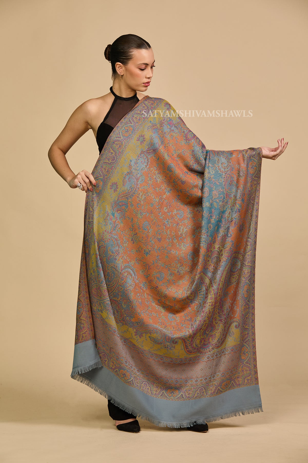 Peach grey Heritage Paisley jamawar Shawl