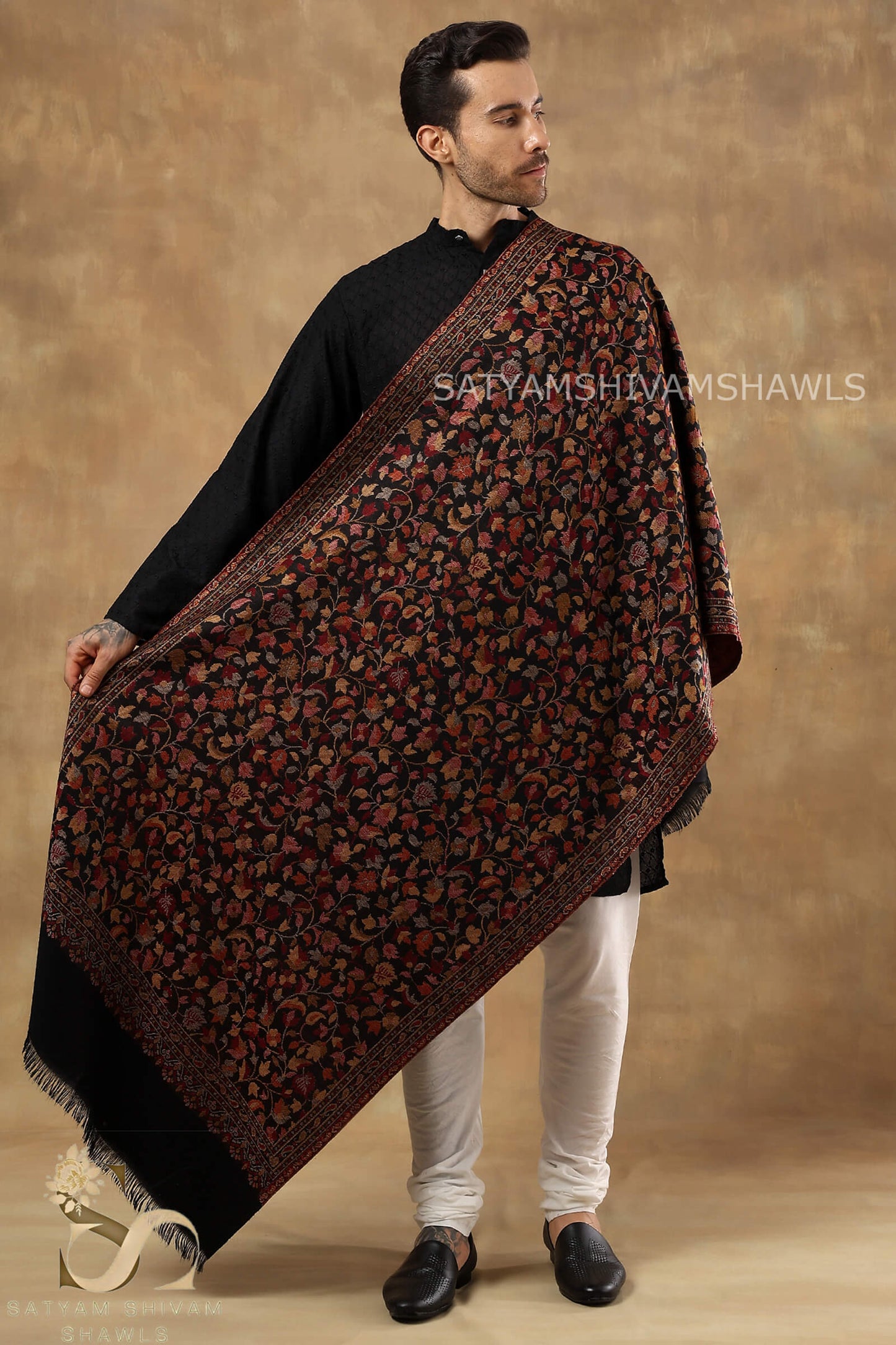 ROYAL VINTAGE KASHMIRI KANI DESIGN MENS ,STOLE,BLACK