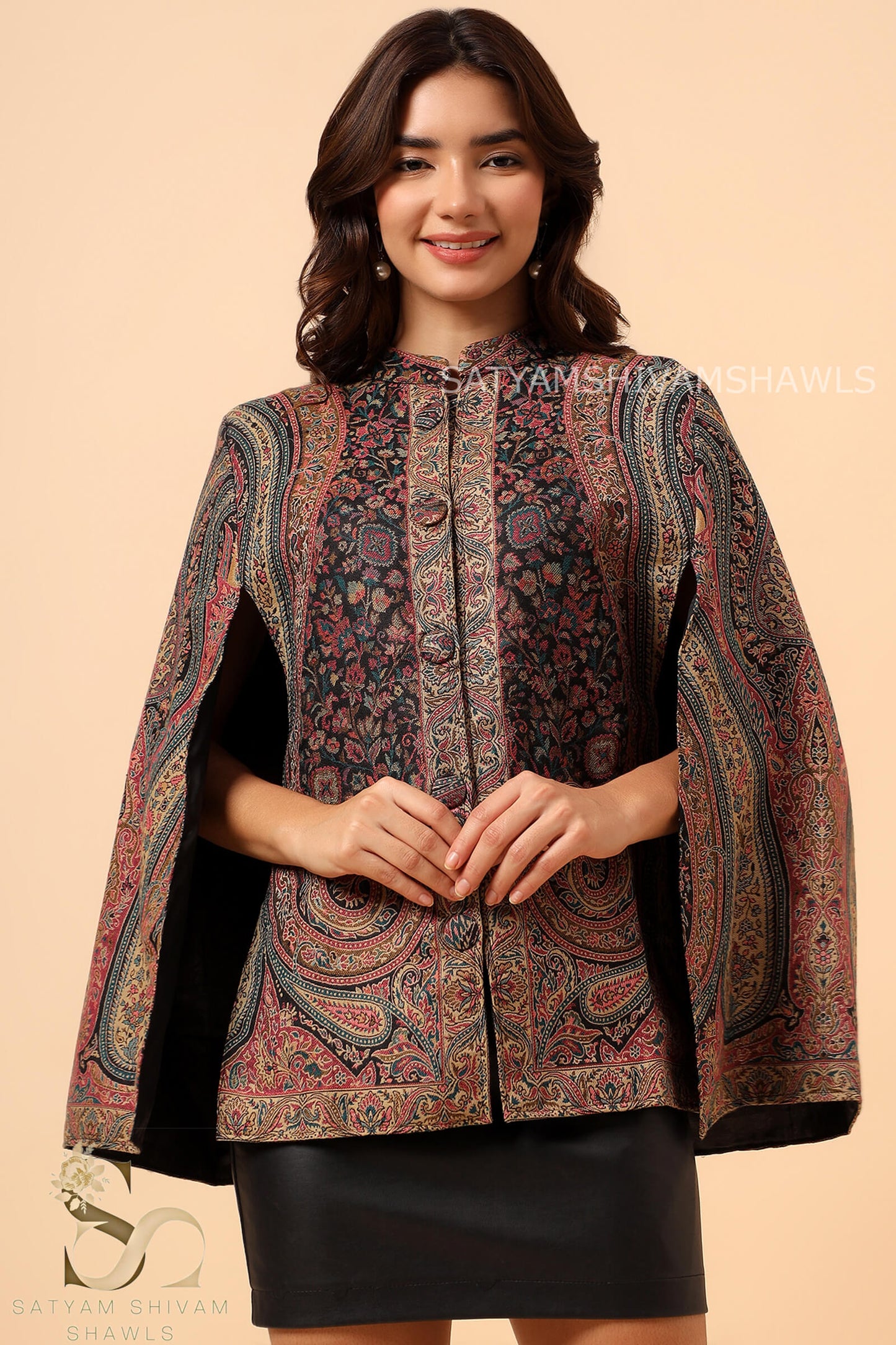 MAHEEN KASHMIRI KANI PAISLEY DESIGN CAPE ,BLACK