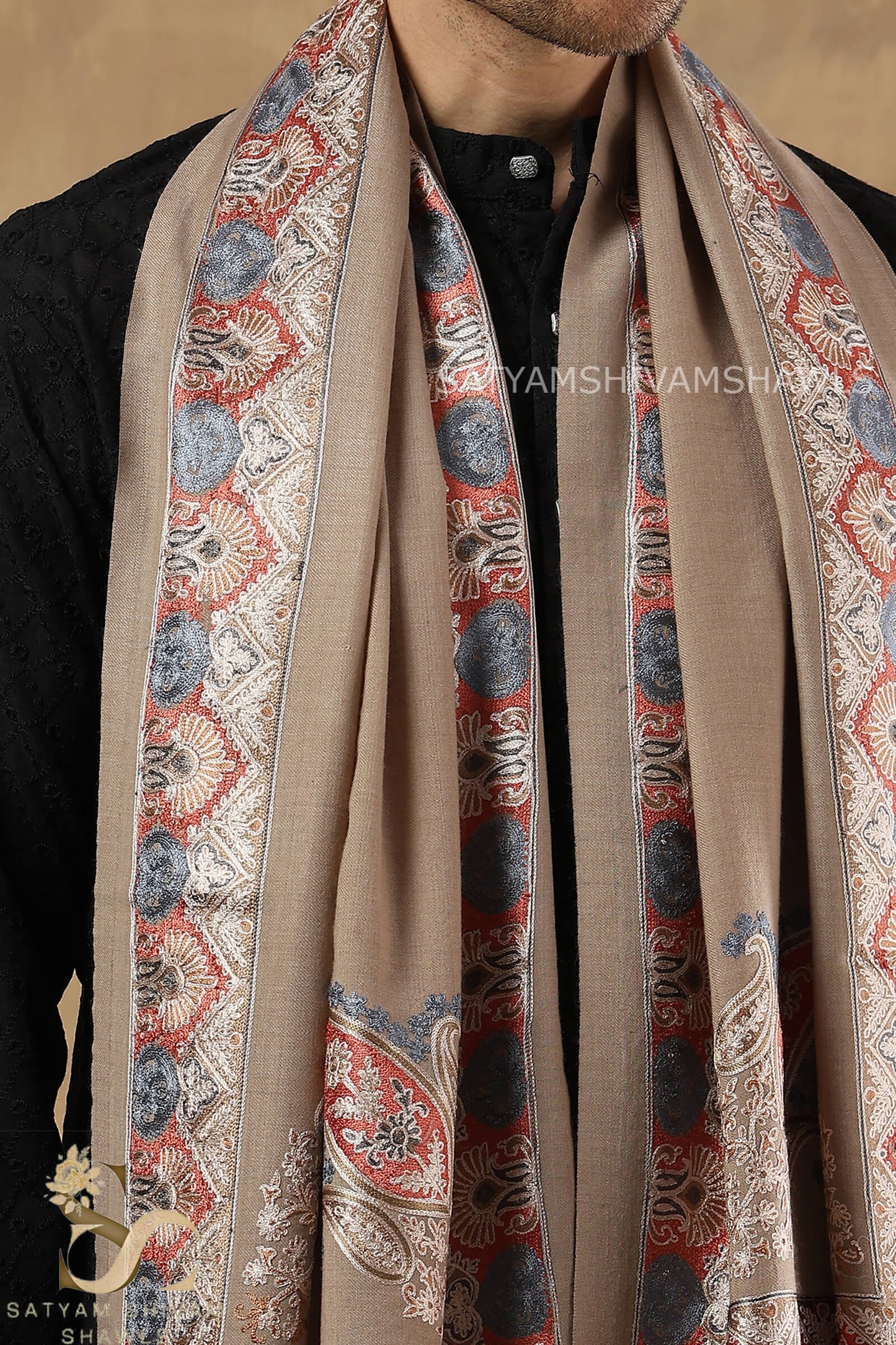 VINTAGE KASHMIRI BORDER KUNJ MENS ,STOLE,TOOSH COLOUR