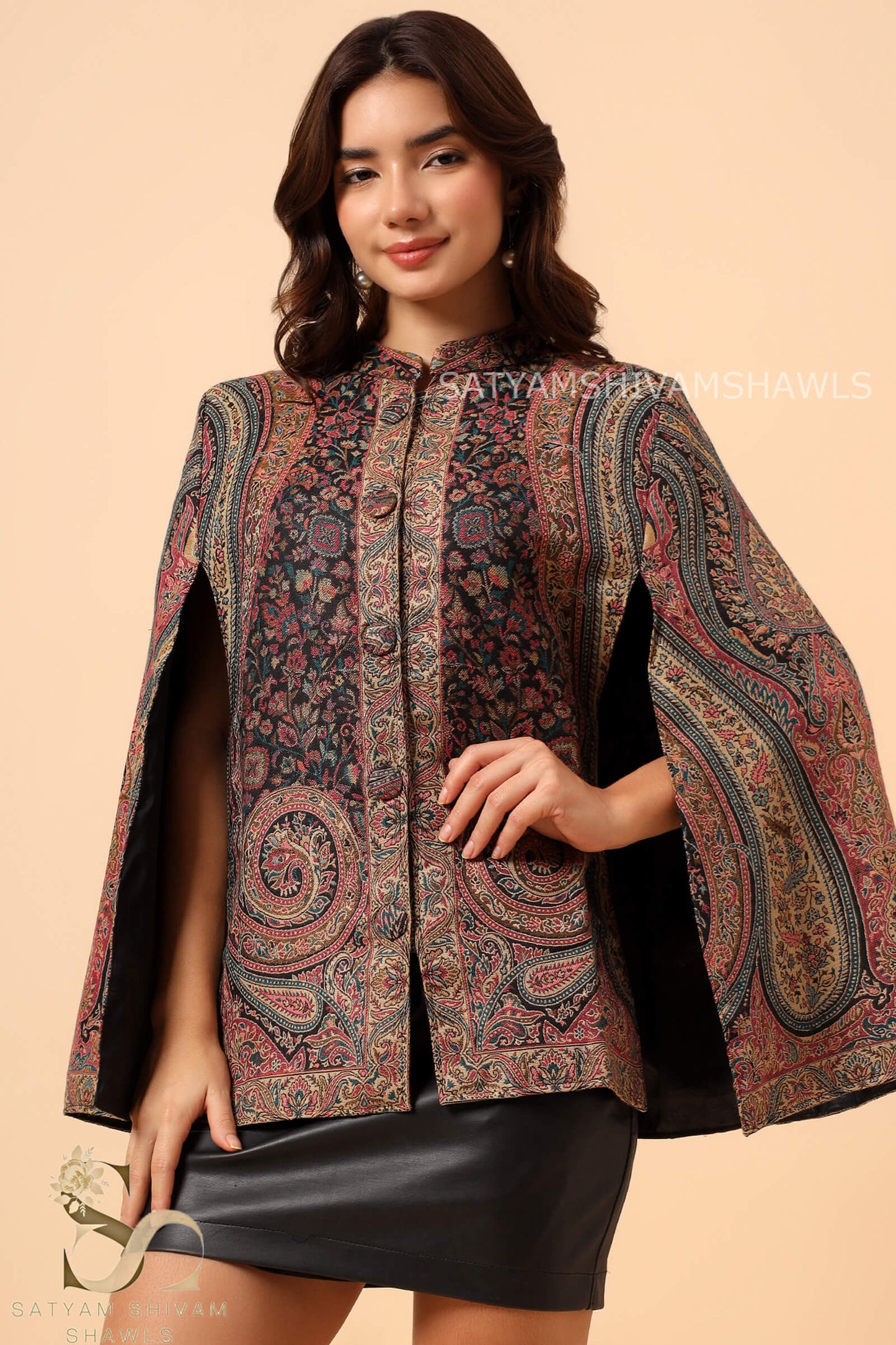 MAHEEN KASHMIRI KANI PAISLEY DESIGN CAPE ,BLACK