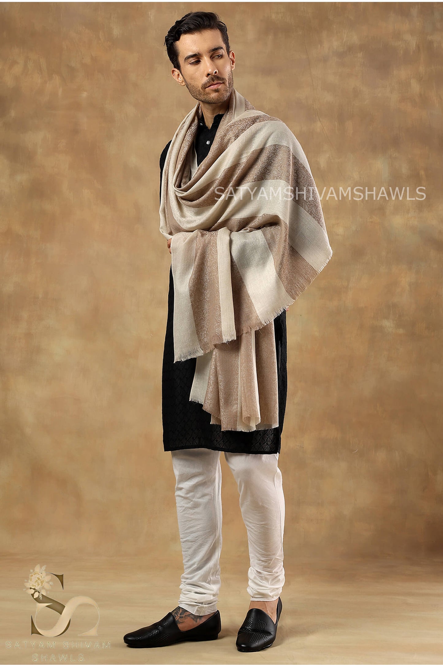 ROYAL LUXURY PASHMINA RING PASS GENTS LOHI KASHMIRI AUTHENTIC SELF STRIPS DESIGN , SKIN CAMEL COLOUR