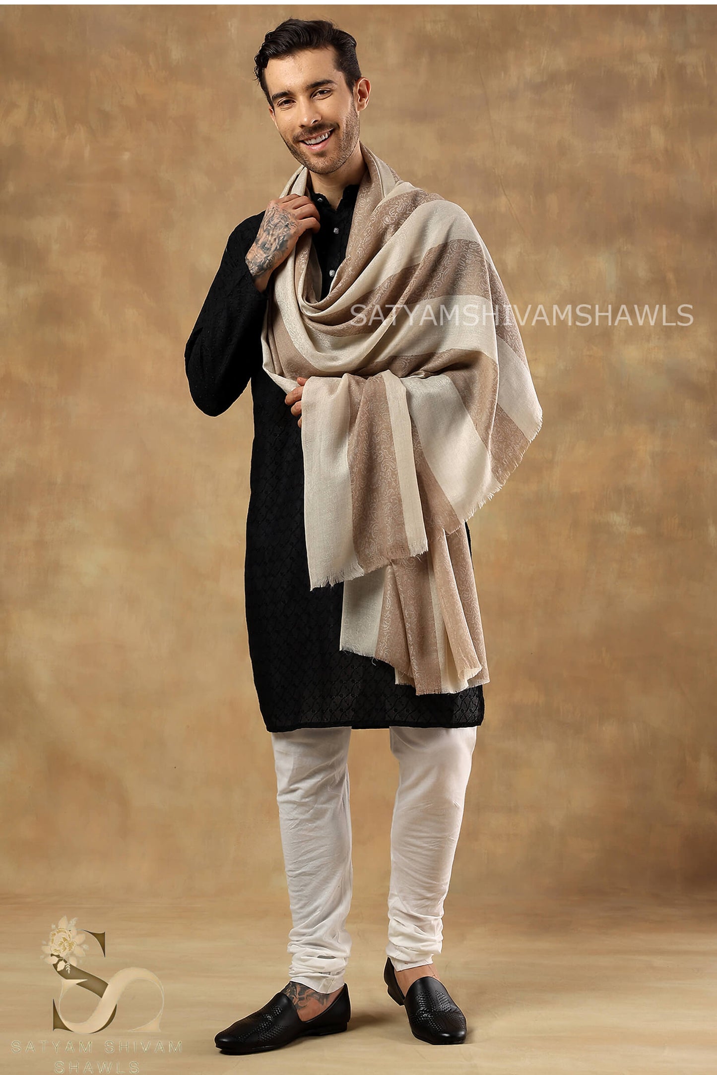 ROYAL LUXURY PASHMINA RING PASS GENTS LOHI KASHMIRI AUTHENTIC SELF STRIPS DESIGN , SKIN CAMEL COLOUR