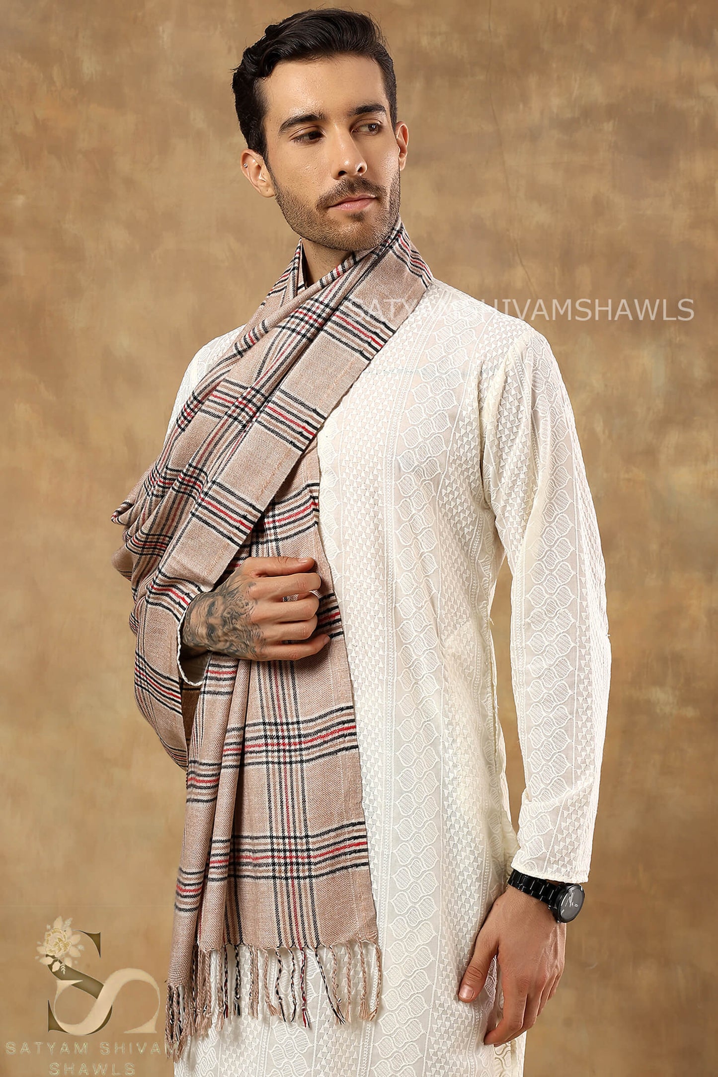 LUXURY TWEED CHECK WOOL MENS STOLE,SKIN