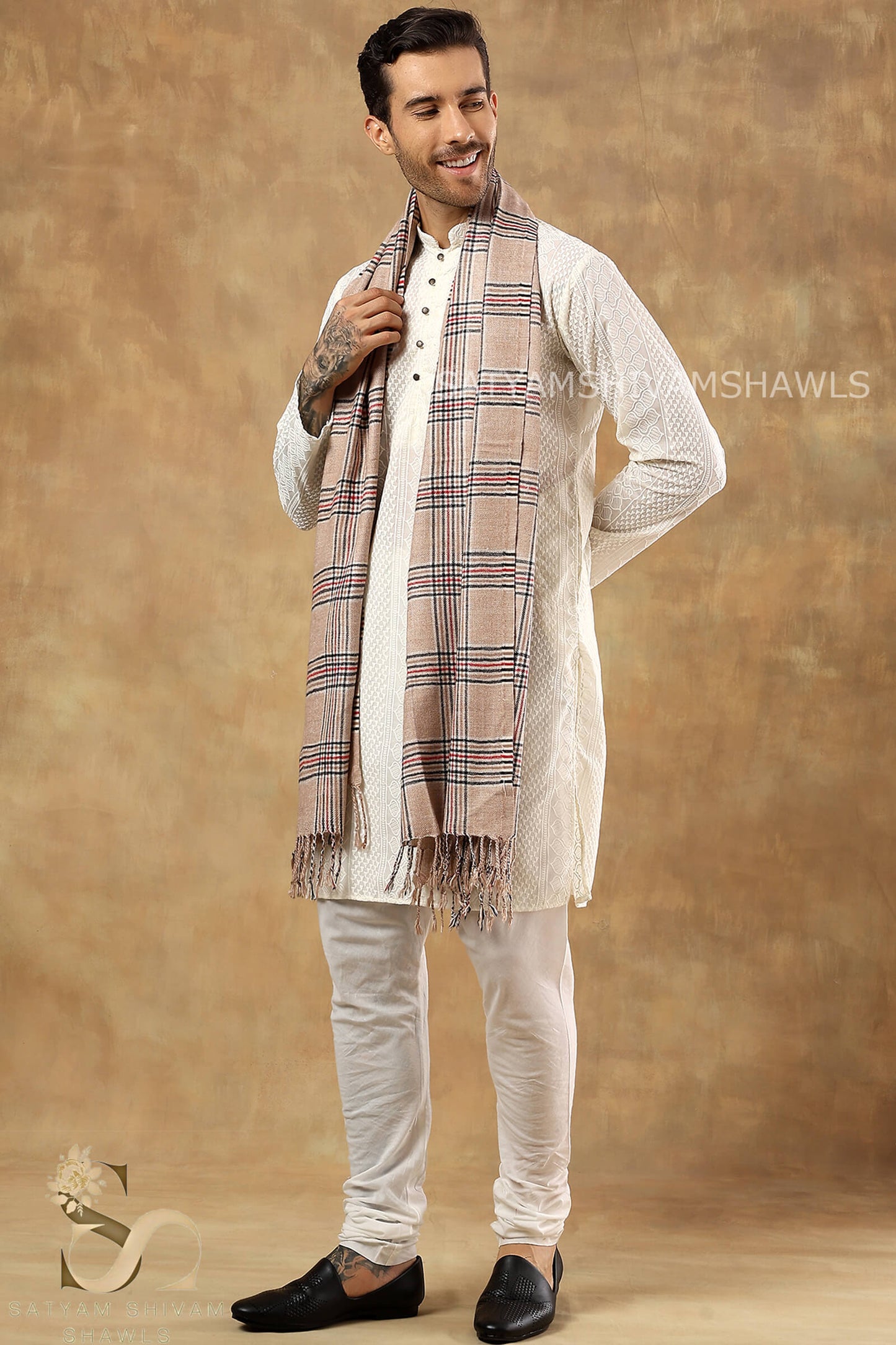 LUXURY TWEED CHECK WOOL MENS STOLE,SKIN
