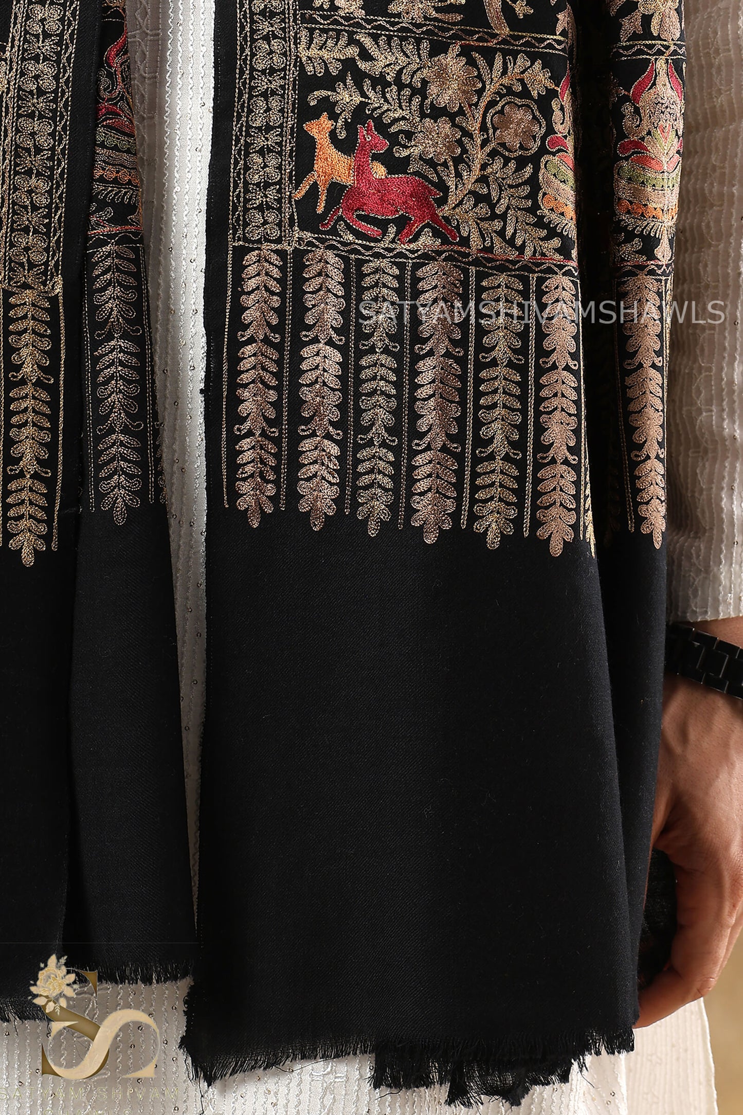 "SHIKAAR-E-KASHMIR" TILLA EMBROIDERY FINE PASHMINA WOOL MENS STOLE , WARM AND SOFT,BLACK