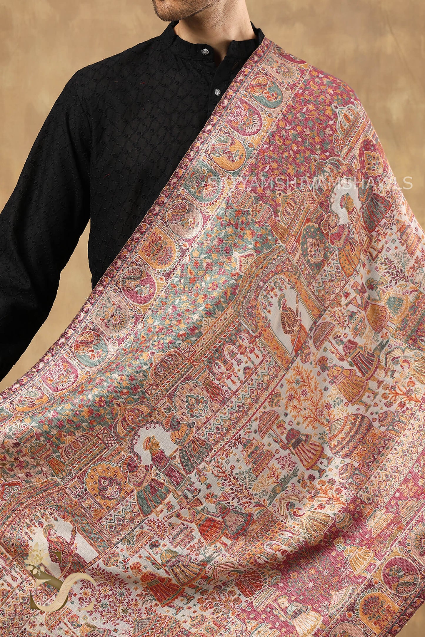 "SHAAN -E-DARBAR" THEME KANI PASHMINA BLEND WOOL MENS STOLES, WHITE