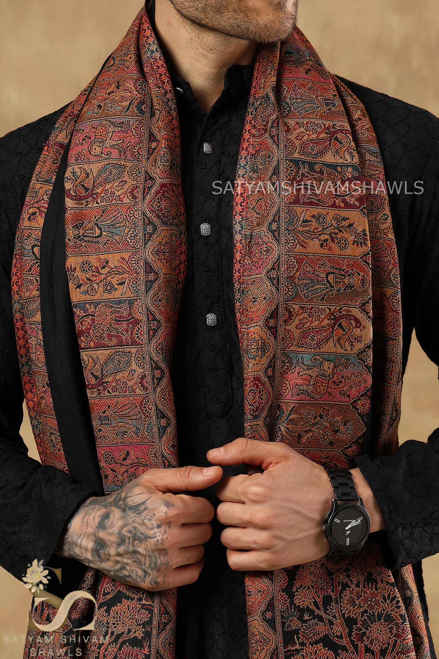 TAJ SAKHIYAAN KANI BORDER WEAVE SHAWL, SOFT, WARM AND LIGHT WEIGHT, BLACK