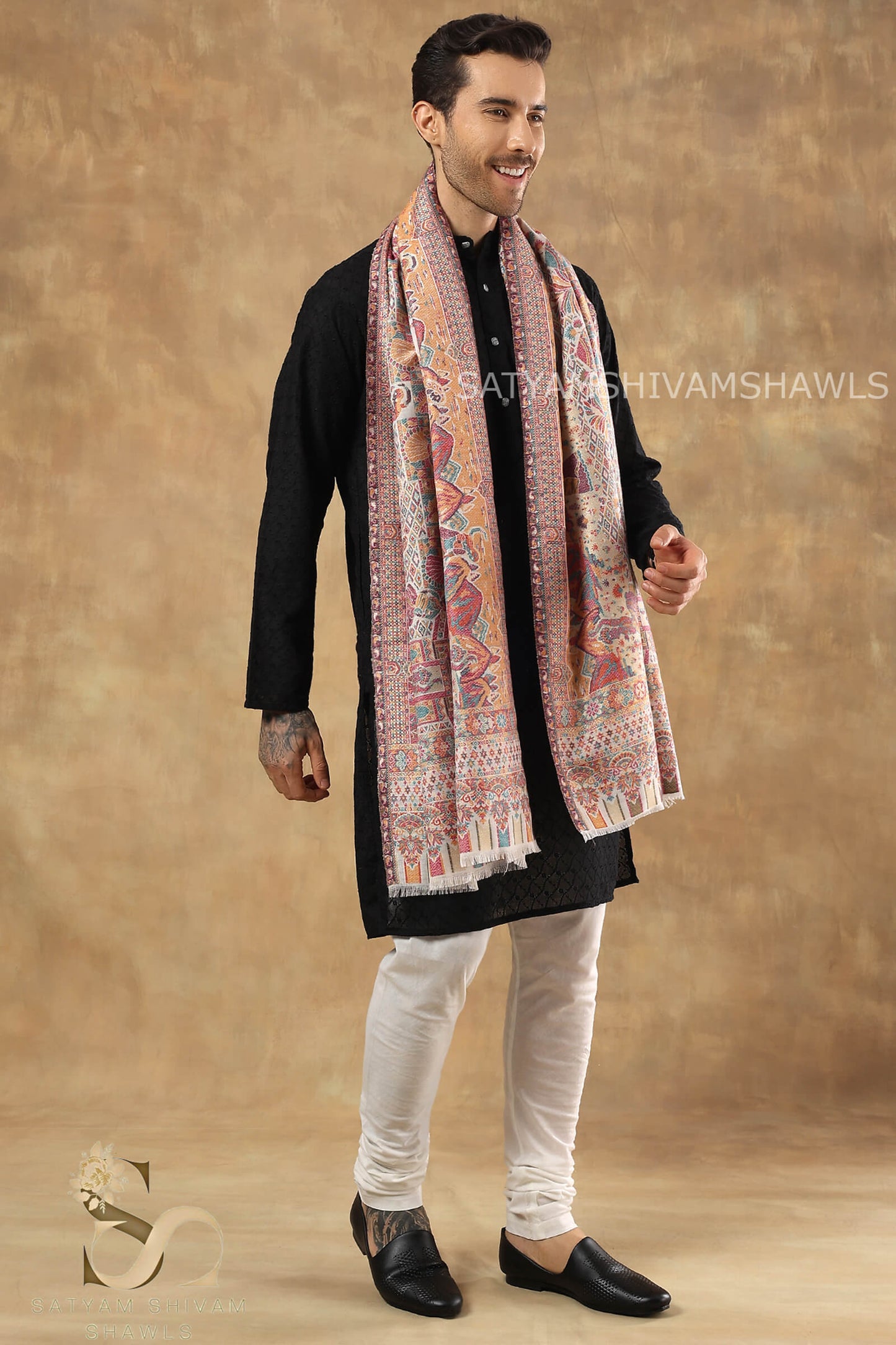 SHAHI DARBAR MOUNTAIN THEME KANI WOVEN MENS STOLE ,WHITE