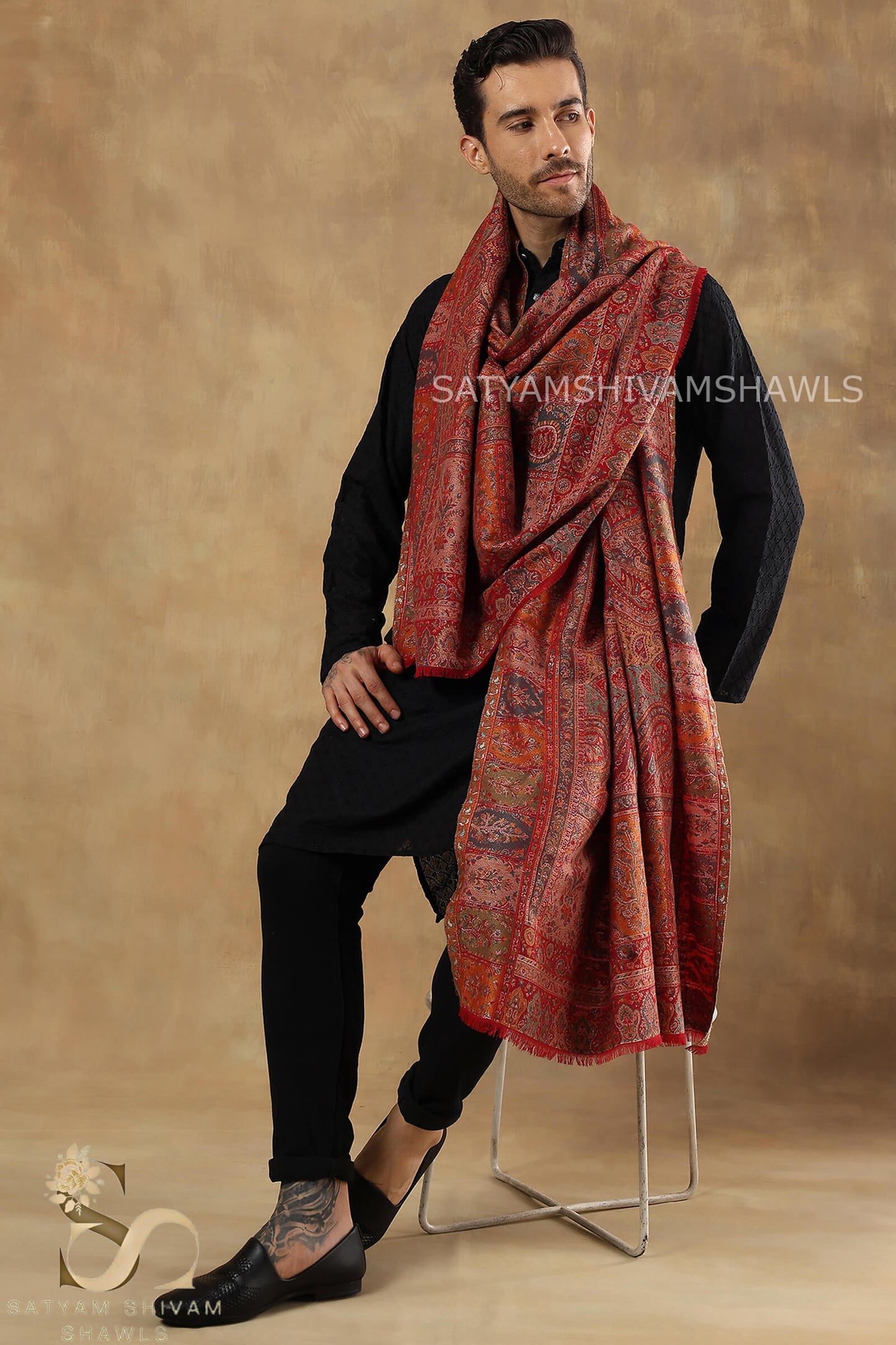 "MEHROOM BLOOM JAAL" PASHMINA KANI WEAVED MENS SHAWL