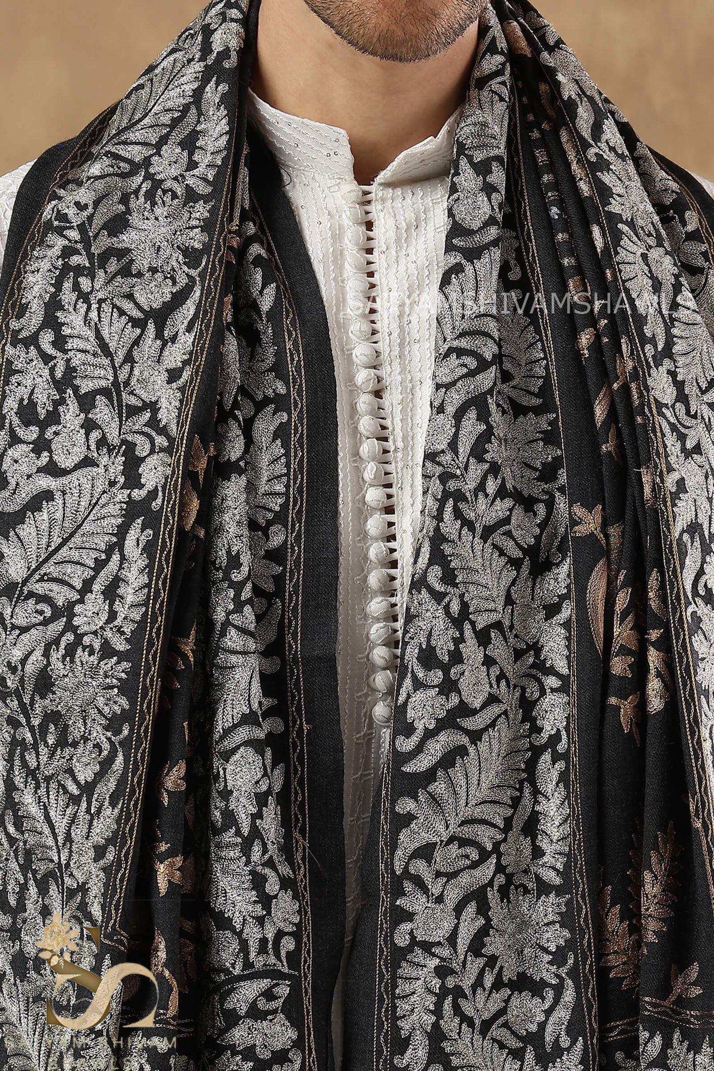 "SHIKAAR-E-KASHMIR" TILLA EMBRODIERY FINE PASHMINA WOOL, WARM AND SOFT,CHARCOAL