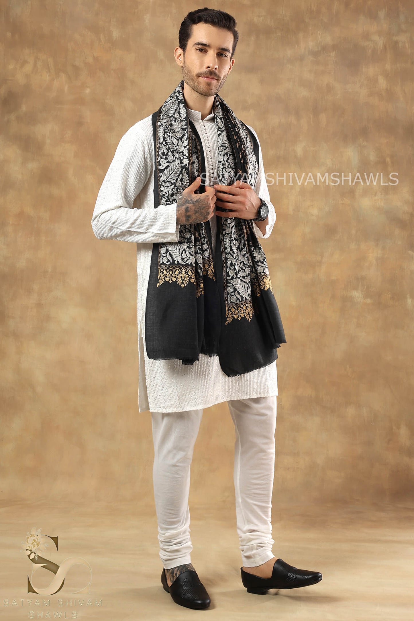 "SHIKAAR-E-KASHMIR" TILLA EMBRODIERY FINE PASHMINA WOOL, WARM AND SOFT,CHARCOAL