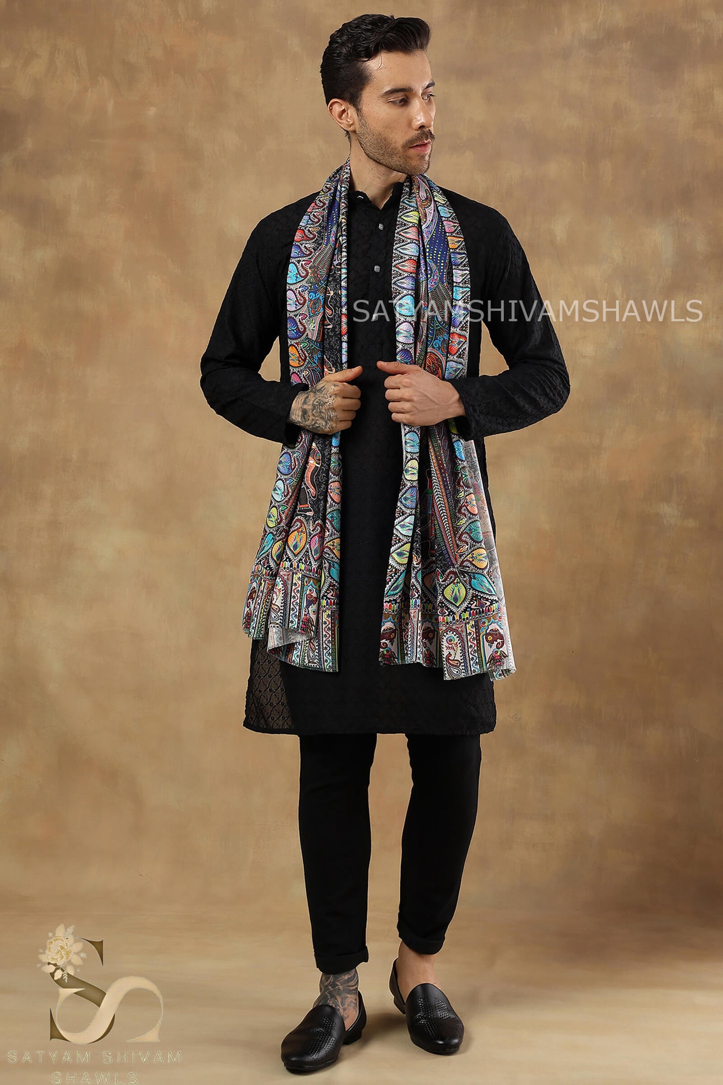SHIKAARDAR WOMENS FINE SOFT PRINT SILK WOOL STOLE,BLACK