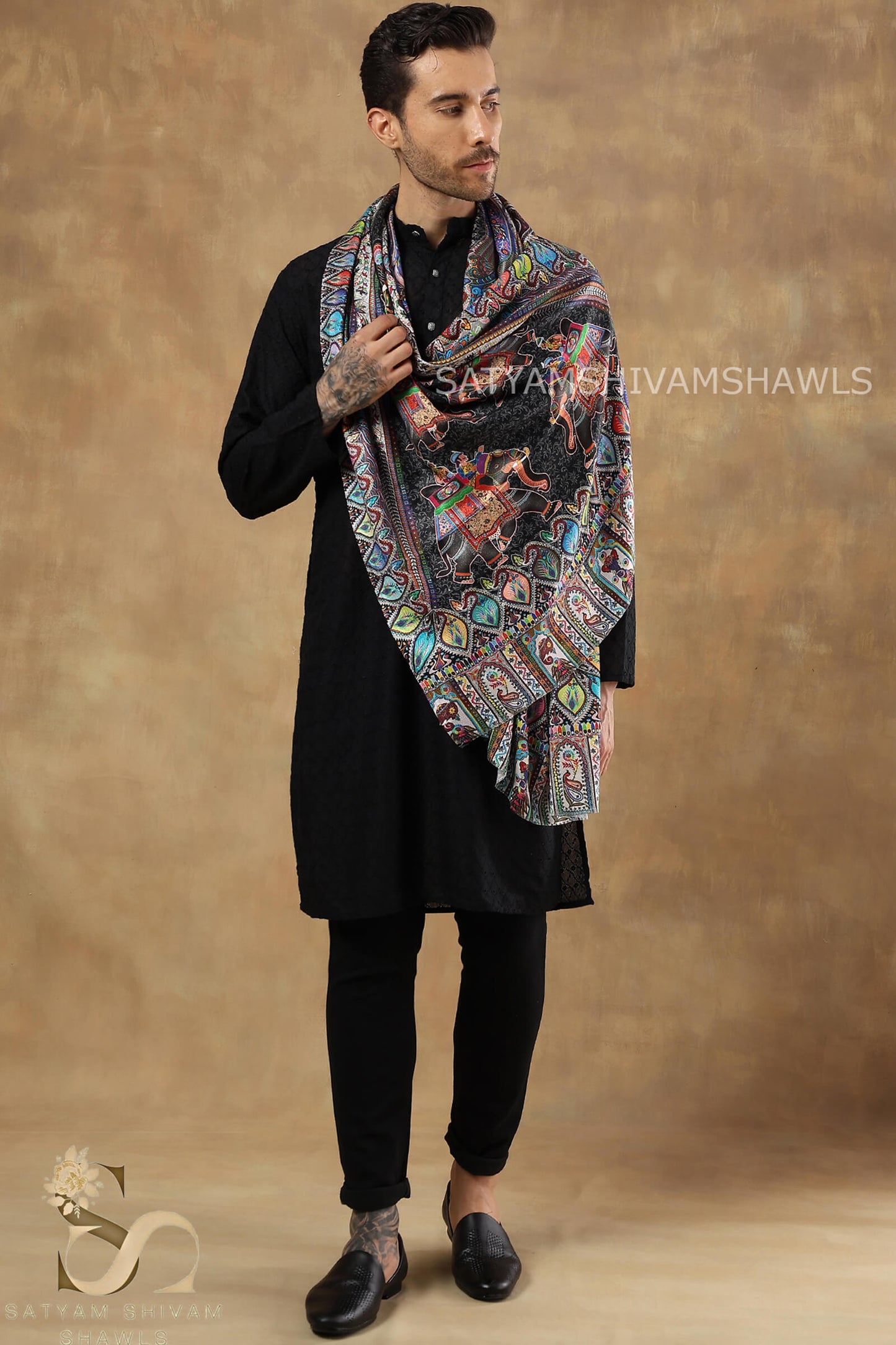 SHIKAARDAR WOMENS FINE SOFT PRINT SILK WOOL STOLE,BLACK
