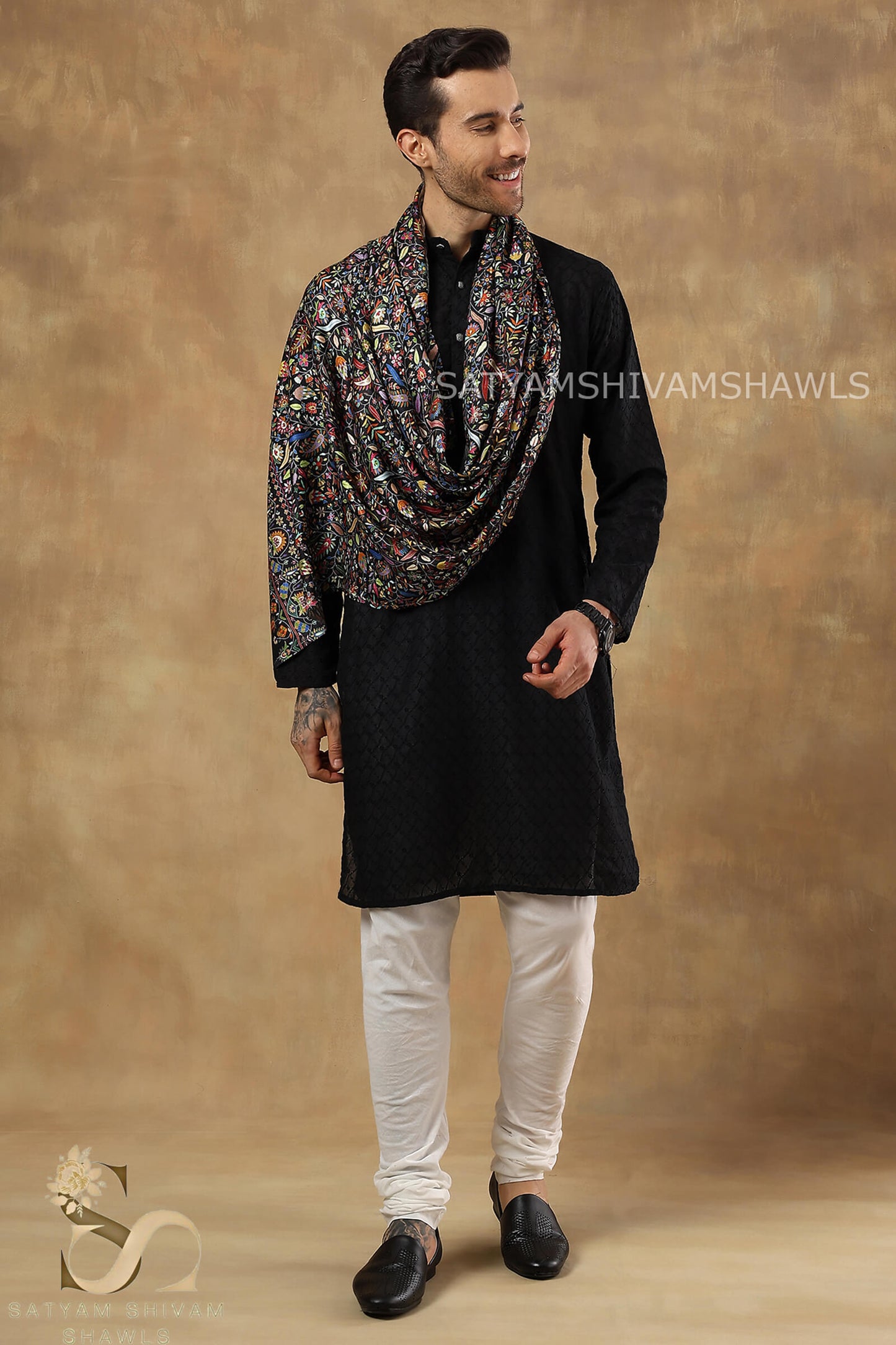 PAISLEY KALAMKARI LEAF DESIGN MENS SOFT SILK PRINT WOOL STOLES,BLACK