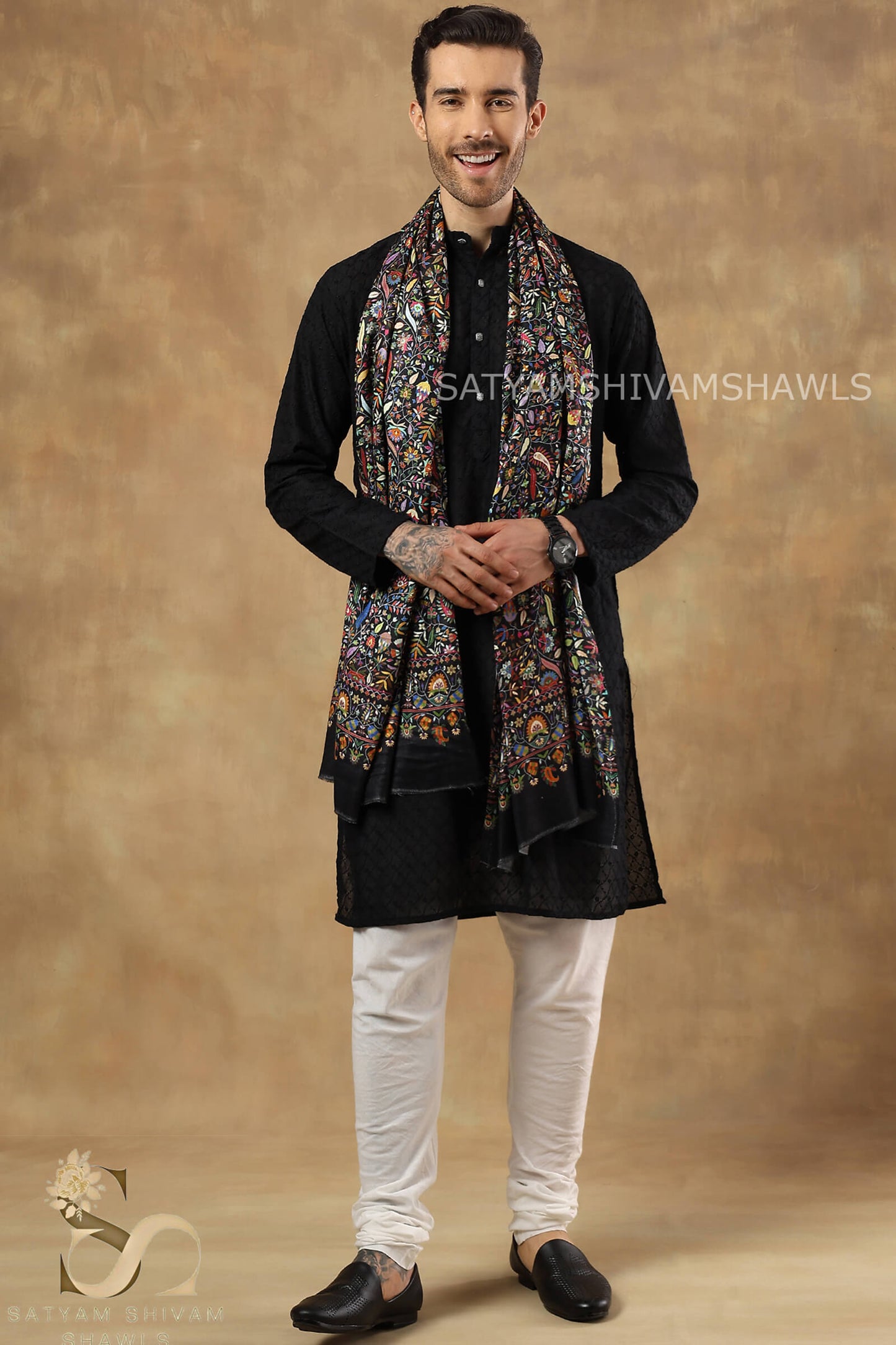 PAISLEY KALAMKARI LEAF DESIGN MENS SOFT SILK PRINT WOOL STOLES,BLACK
