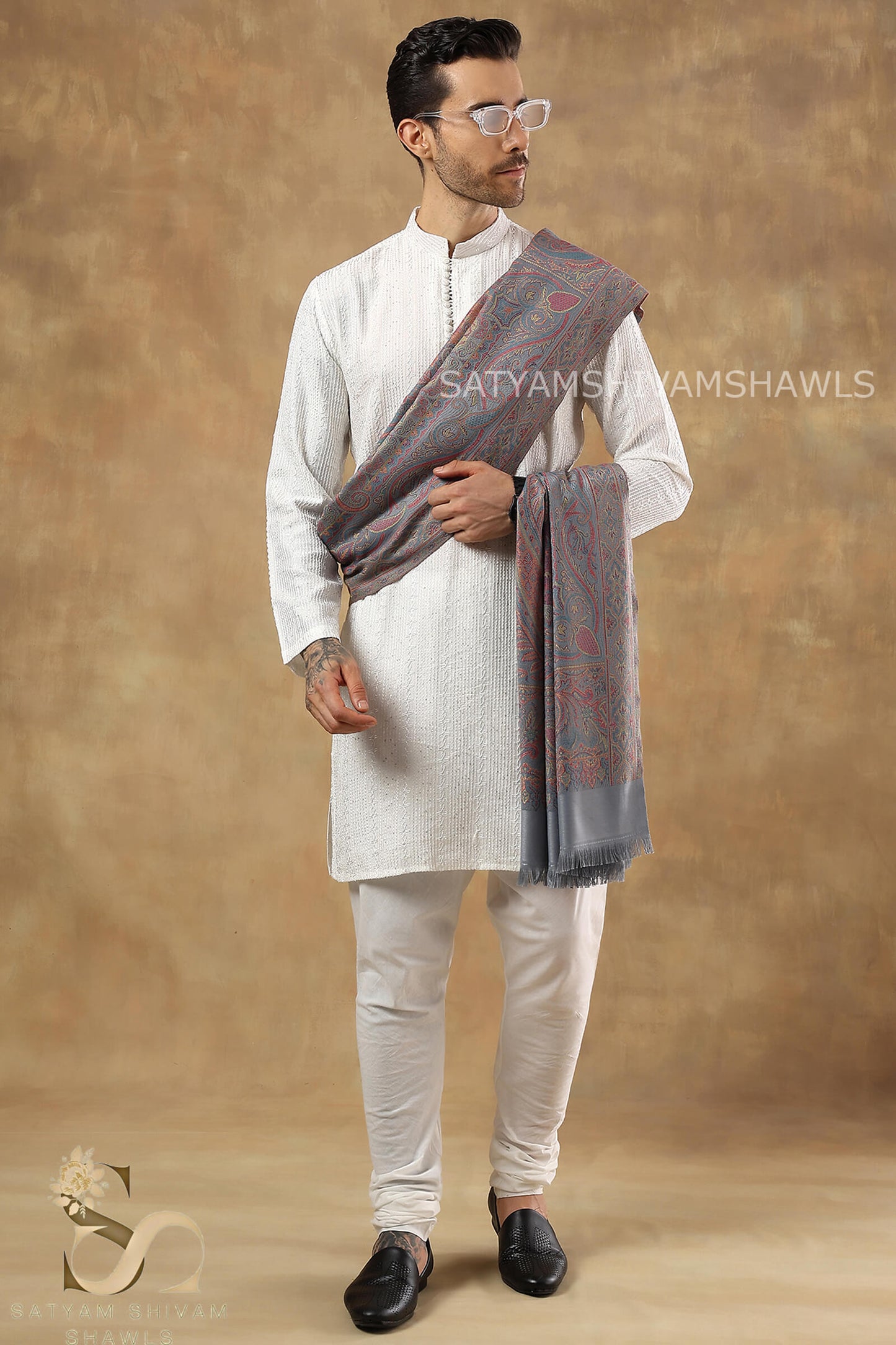 PURE WOOL ETHNIC KANI WEAVED SHAWL,WARM AND SOFT,GREY