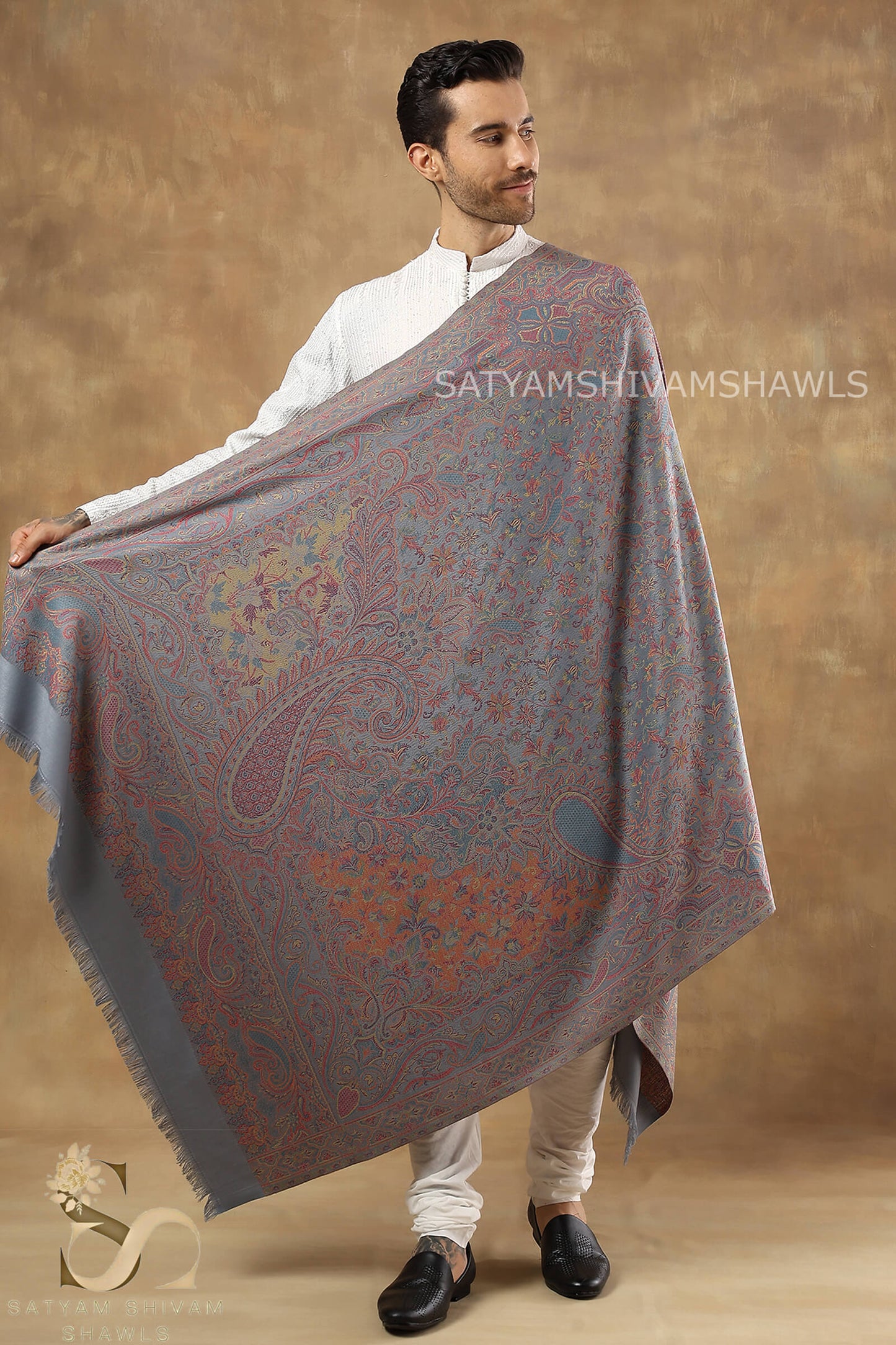 PURE WOOL ETHNIC KANI WEAVED SHAWL,WARM AND SOFT,GREY