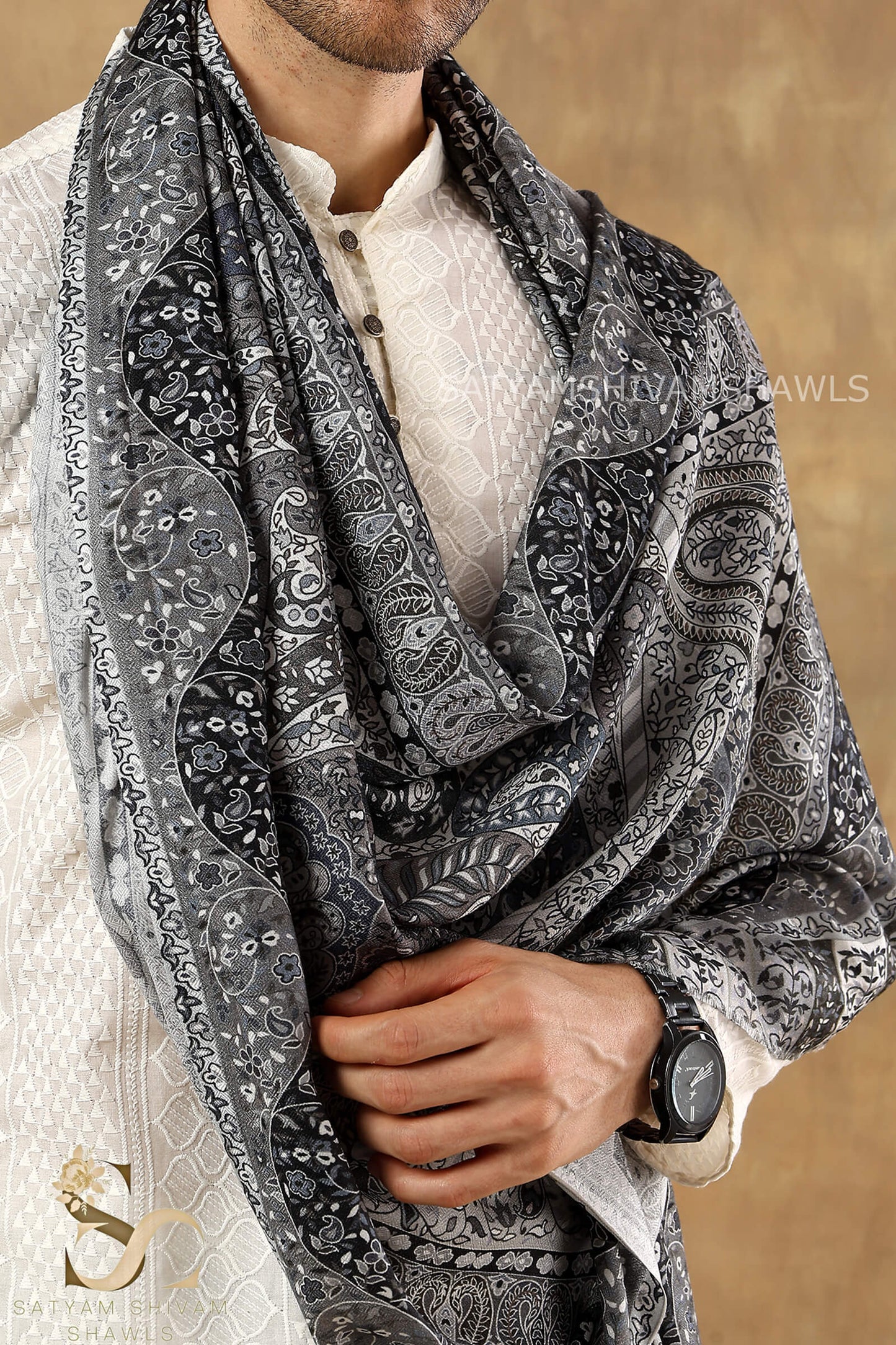PAISLEY KALAMKARI MENS FINE SOFT SILK WOOL PRINT STOLE,BLACK GREY