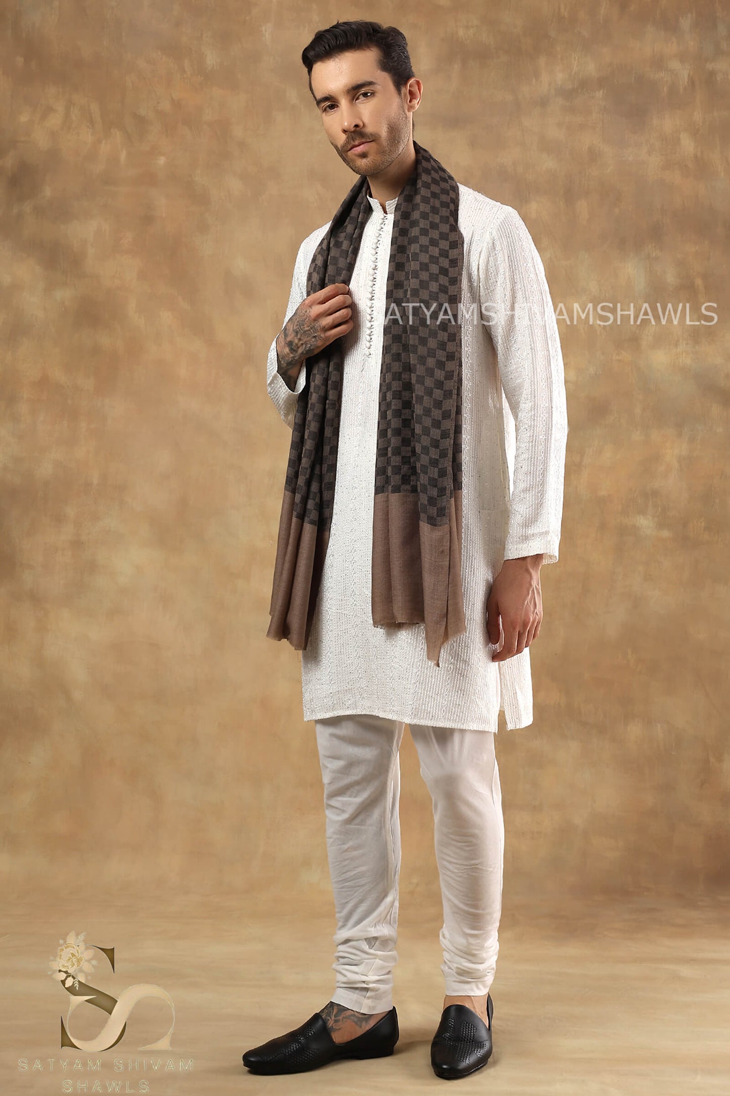 EXTRA FINE WOOL MIST CHECK MENS STOLE, TOOSHBLACK